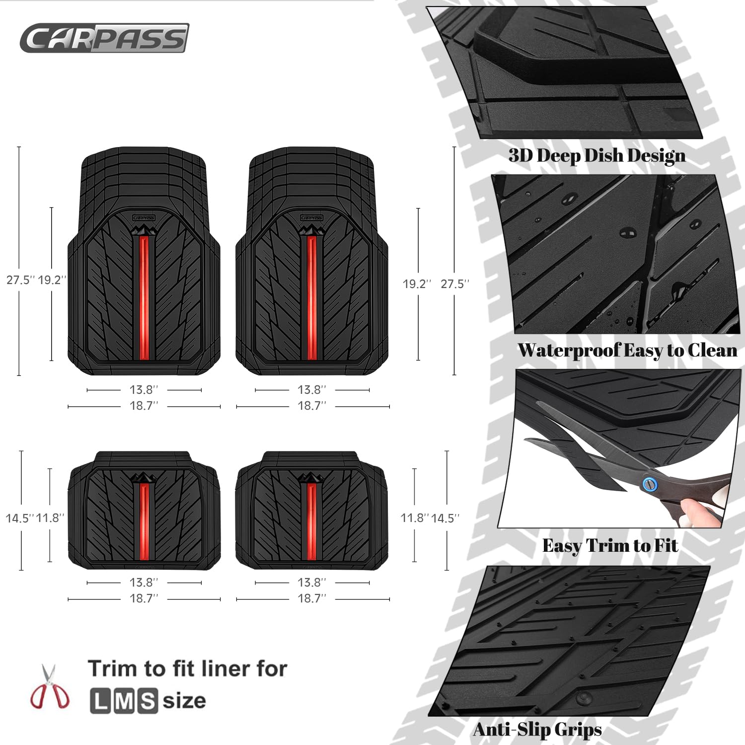 Car Pass Metal Medium Rubber Floor Mats For Car Heavy Duty Car Mats All Weather, Universal Trim To Fit For Truck Suv Vehicle Aut