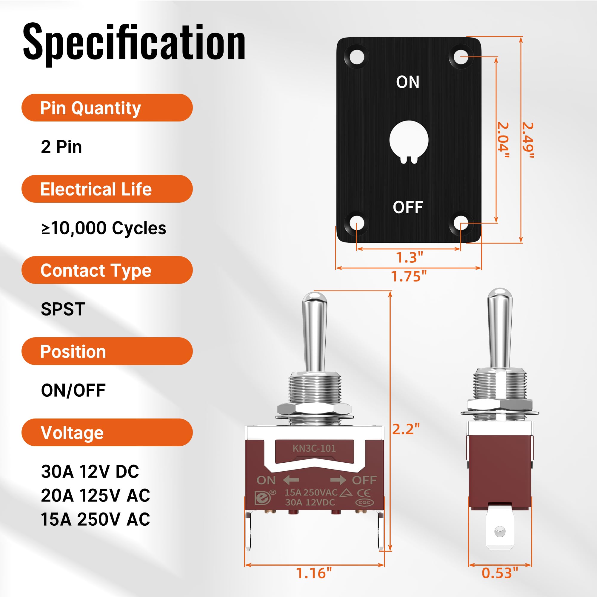 RVBOATPAT Heavy Duty Waterproof Toggle Switch 12V DC 30A 2 Pin SPST ON/Off Toggle Switch with Mounting Panel for Marine Boat Aut