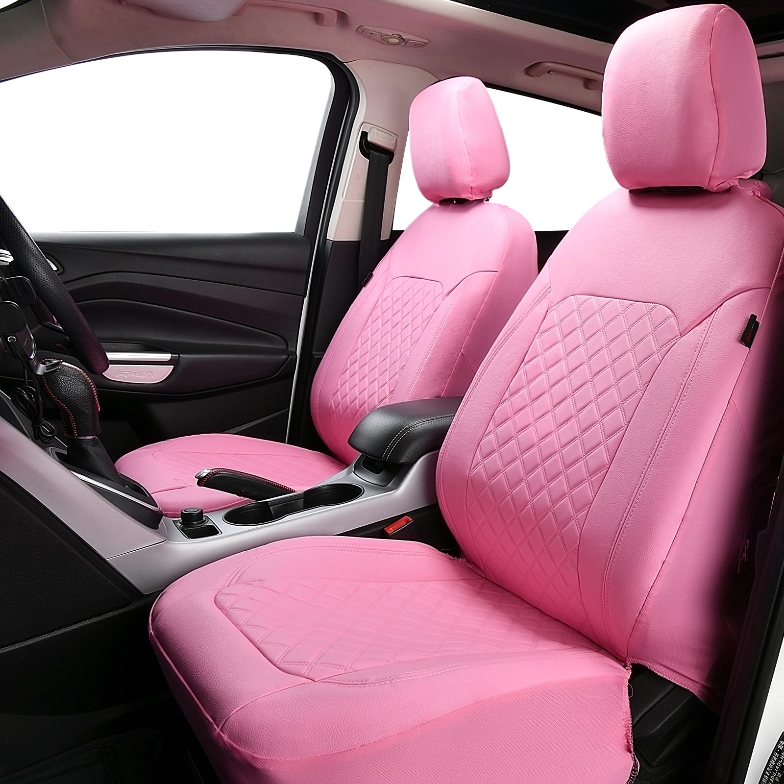 Flying Banner car seat Covers Set Faux Leather Quilted Fashion Easy Bench Split Protectors Sport Fashion (Solid Pink, Full Set -