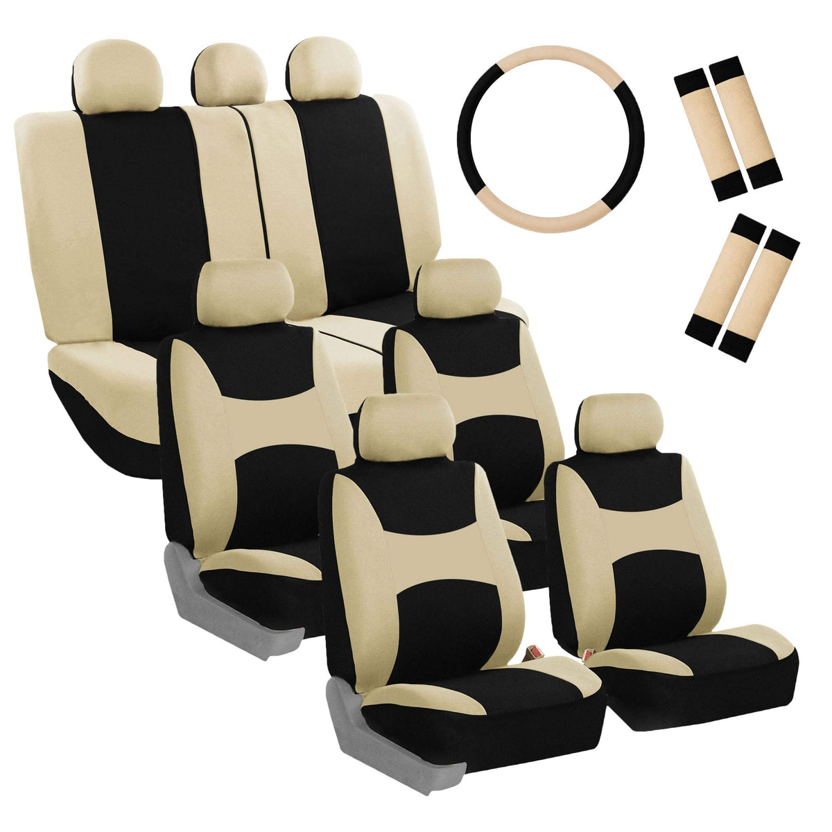 Fh Group Automotive Seat Covers Light & Breezy Flat Cloth  Three Row Set Beige Combo Steering Wheel Cover & Seat Belt Pads, Airb