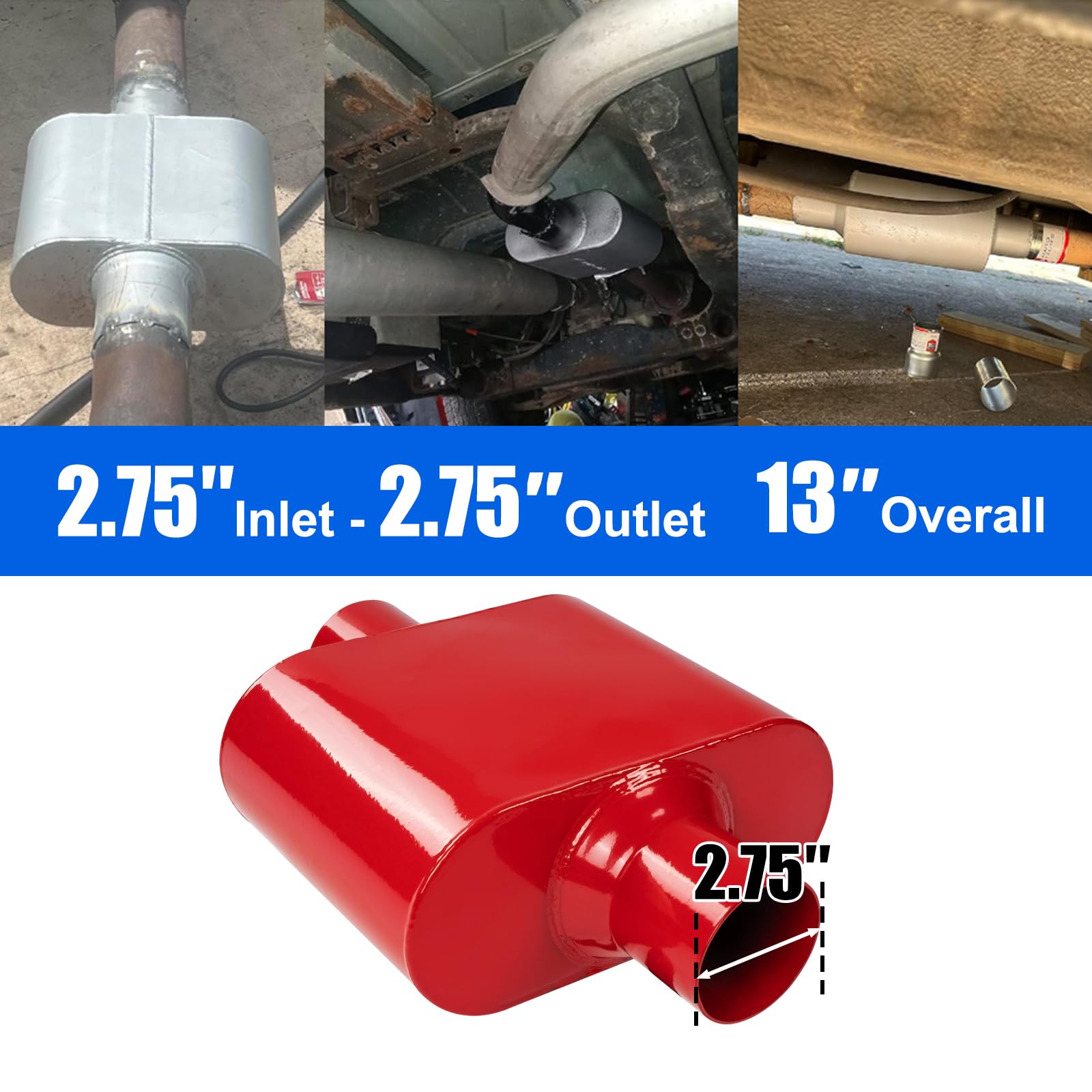 Floshine Universal Mufflers,Performance Automotive Exhaust Muffler,Single Chamber 2.75 Inch Inlet (Id) 2.75 Inch Outlet (Id) Red
