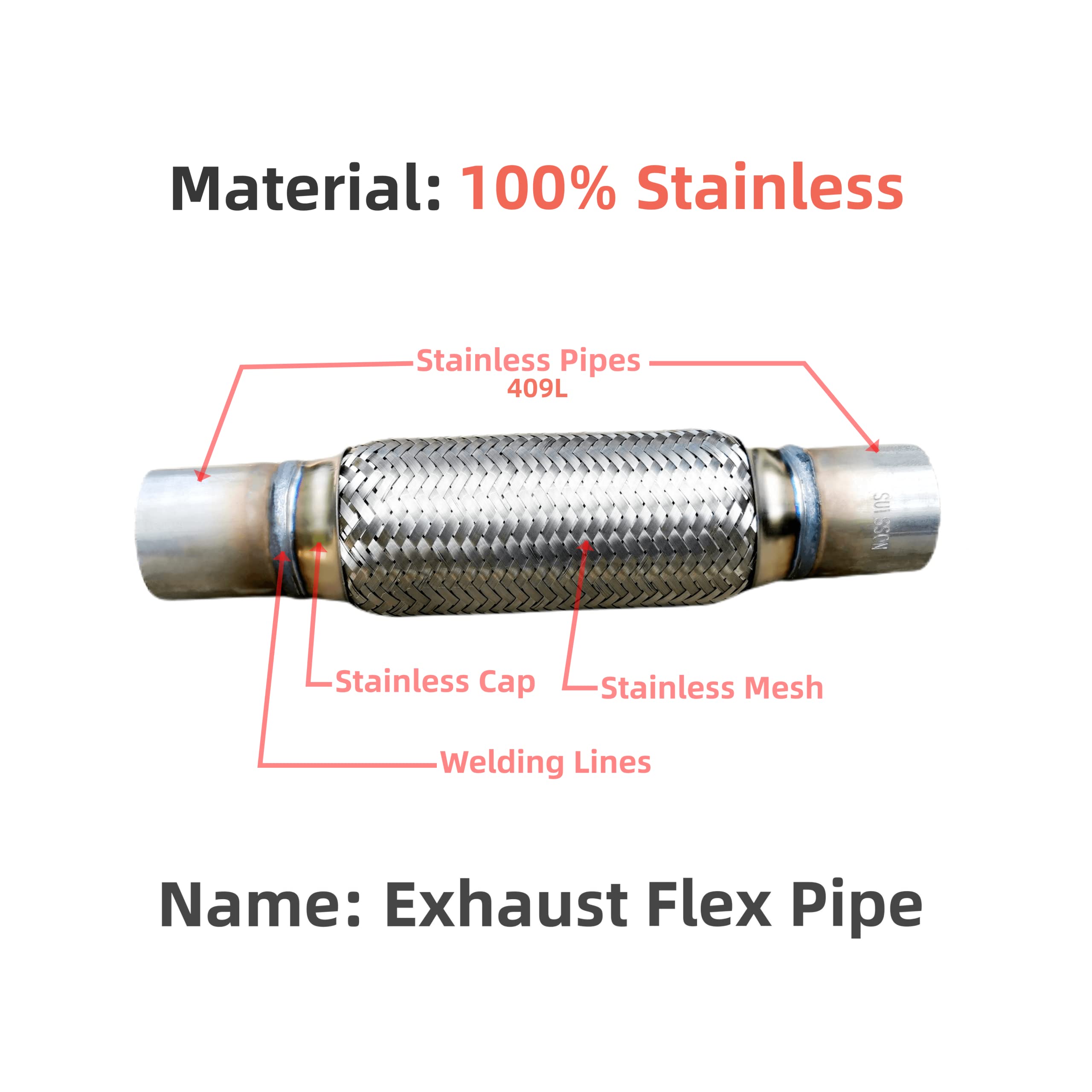 SUISFLXGRO Exhaust Flex Pipe 2.5''X6''/10'' Universal Type 100% Stainless Steel For Heavy Duty and Cars