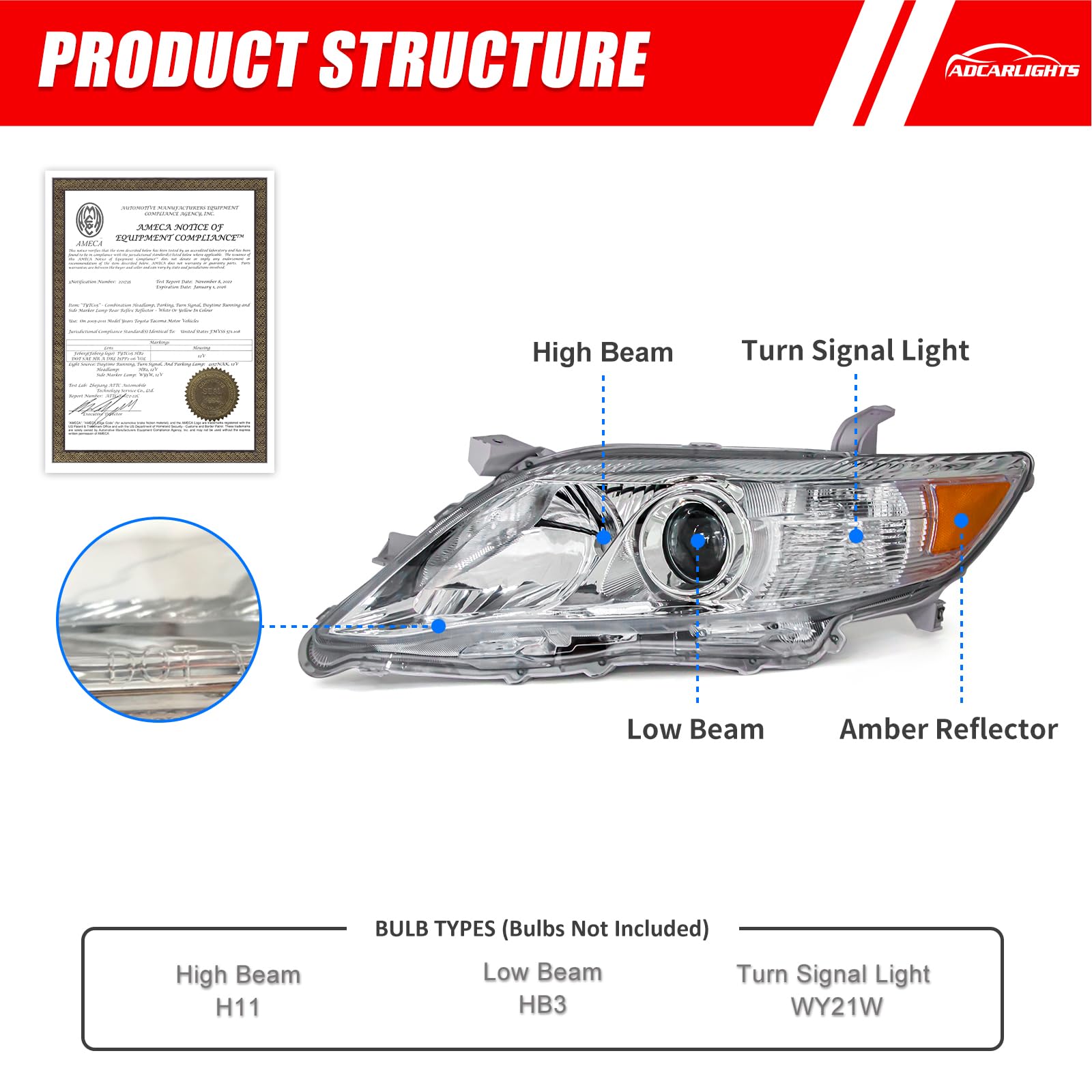 Adcarlights Compatible With 2010 2011 Toyota Camry Headlights Chrome Housing Amber Reflector Clear Lens Driver And Passenger Side