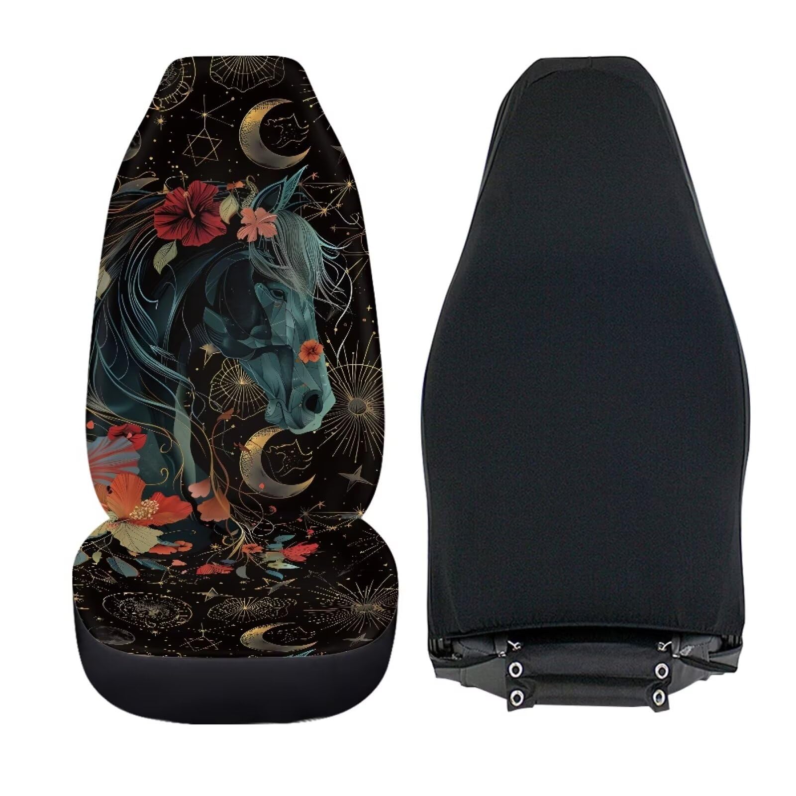 Talayituse Horse Hibiscus Print Car Front Seat Cover, Moon Star Design 2 Pack Stretchy Car Seat Cover Soft Bucket Vehicle Seat P