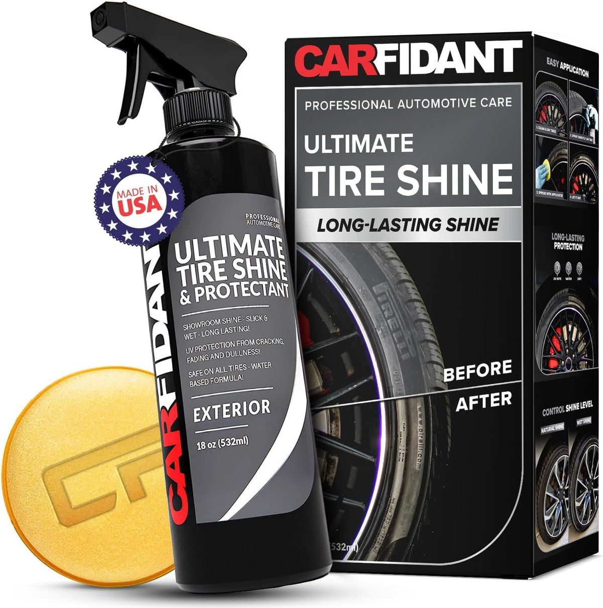 Carfidant Tire Shine Spray - Black Satin Finish - Premium Car Tire Dressing - Long Lasting - No Sling No Grease Formula With Uv