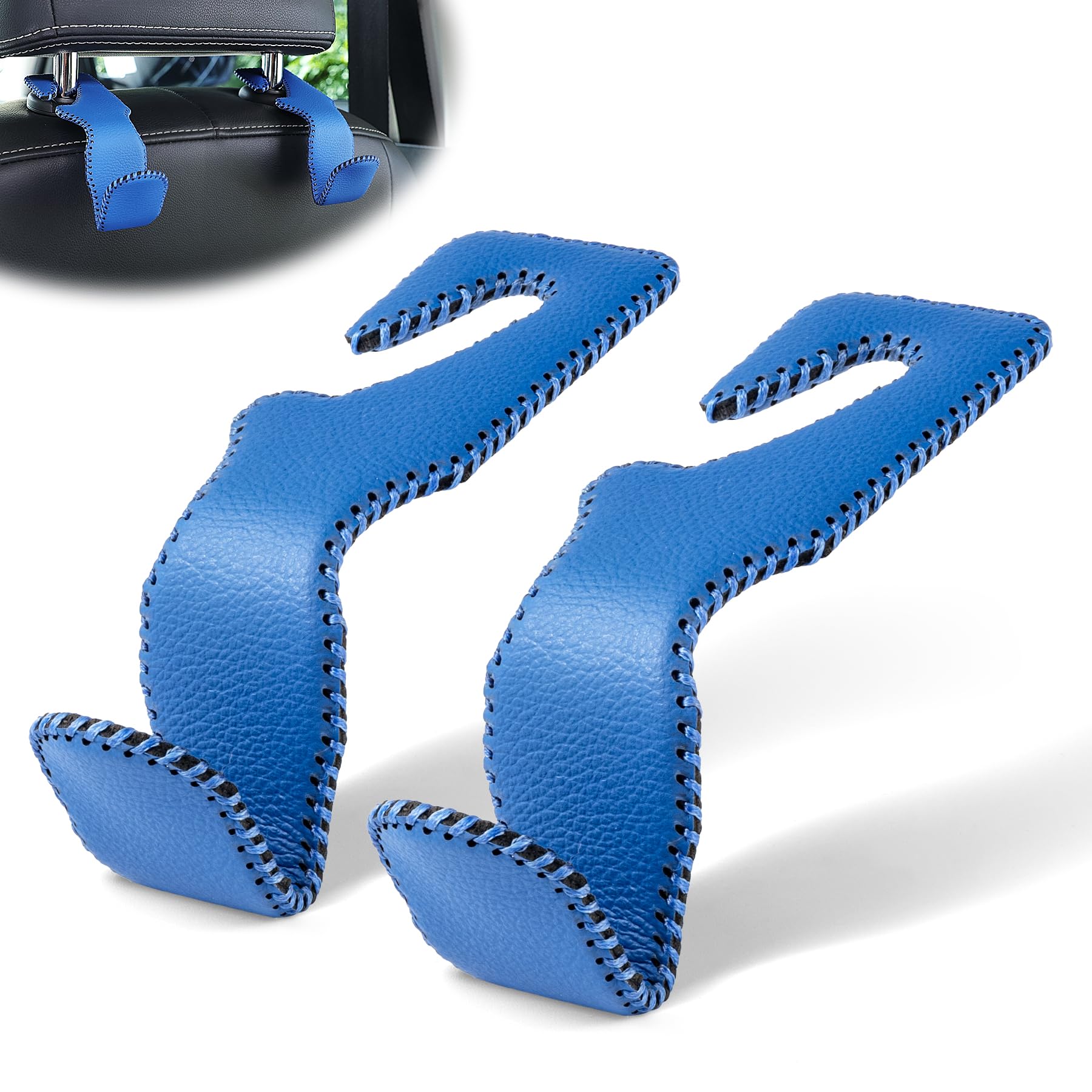Livtee Blue Superior Leather Car Seat Back Headrest Hook, Auto Seat Hook Hangers Interior Accessories For Purse Coats Umbrellas