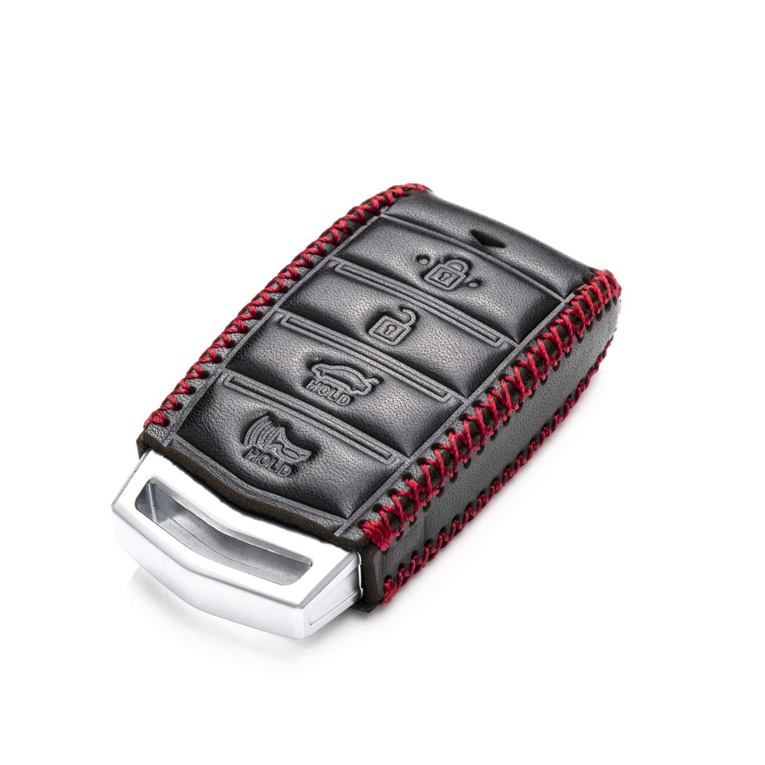 Vitodeco Genuine Leather Smart Key Fob Case Cover Protector with Leather Key Strap Compatible for 2017-2020 Genesis G70, G80, G90 (4-Button with Tailgate, Black/Red)