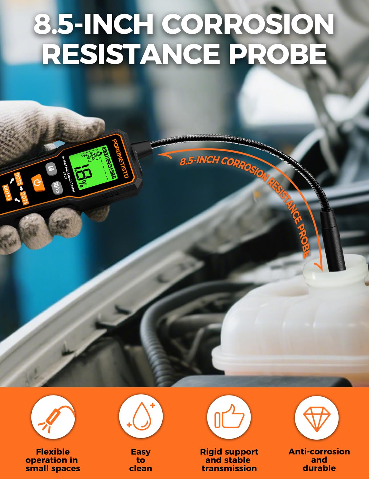 Brake Fluid Tester POROMETISTO FT01, Brake Fluid Moisture Tester with 8.5-Inch Corrosion Resistance Probe, Brake Fluid Detector