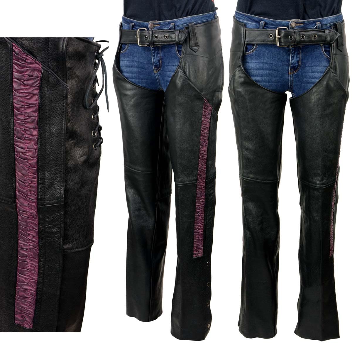 Milwaukee Leather Chaps For Women Black Naked Skin Purple Crinkled Stripes- Reflective Trim Motorcycle Chap Mll6500 - Small