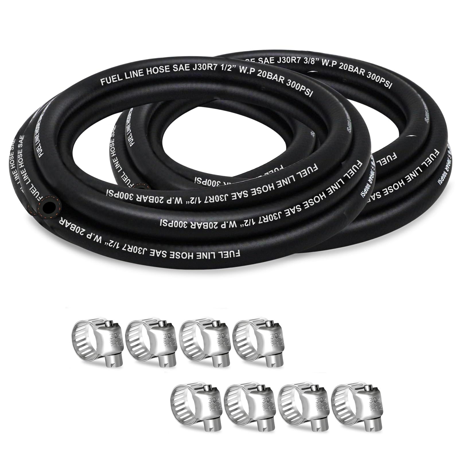 Housun Fuel Line 3/8 1/2 Inch Id, Fuel Hose 5Ft 300Psi High-Pressure With 8 Clamps., J30R7 Fuel Line Hose Nbr.