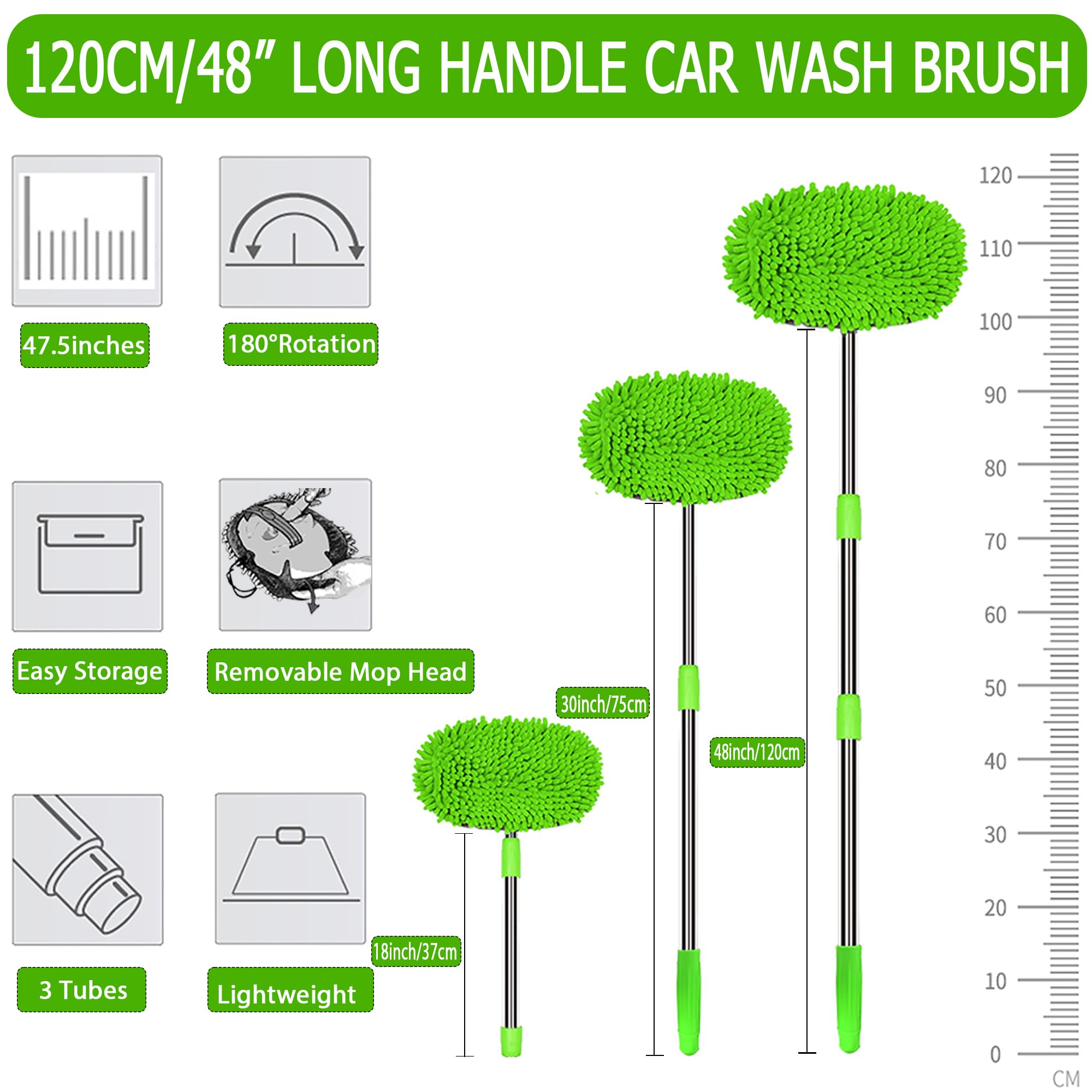 WillingHeart 47.5 Car Wash Brush Mop - Long Handle Microfiber Tool for Cars, Trucks, SUVs, RVs, Boats - Scratch-Free Cleaning, Green
