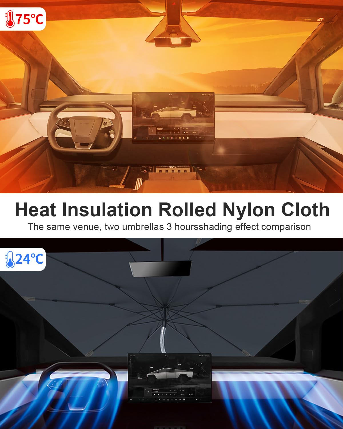 Helloleiboo [2025 Upgrade] Car Windshield Sun Shade For Tesla Cybertruck-Foldable Windshield Sun Shade 64 * 58-Reflects Uv Autom