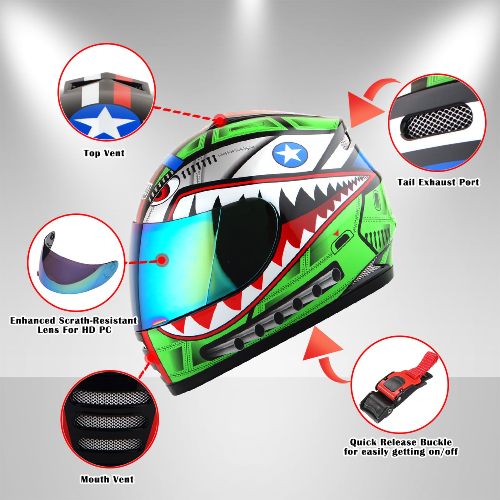 Wow Motorcycle Full Face Helmet Street Bike Bmx Mx Youth Kids Shark Green