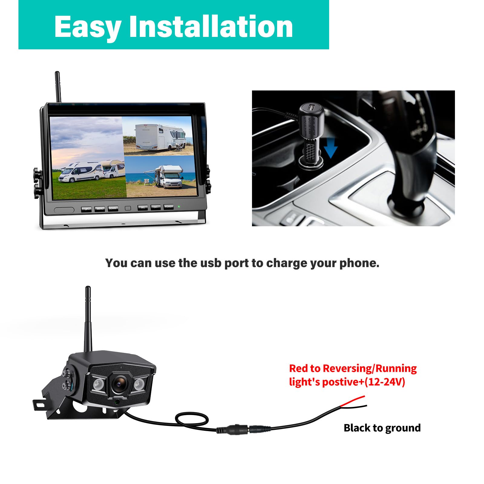 Nuoenx 10'' Wireless Backup Camera System For Truck, Hd 1080P Digital Back Up Camera System With 10 Inch Quad Split Loop Recordi