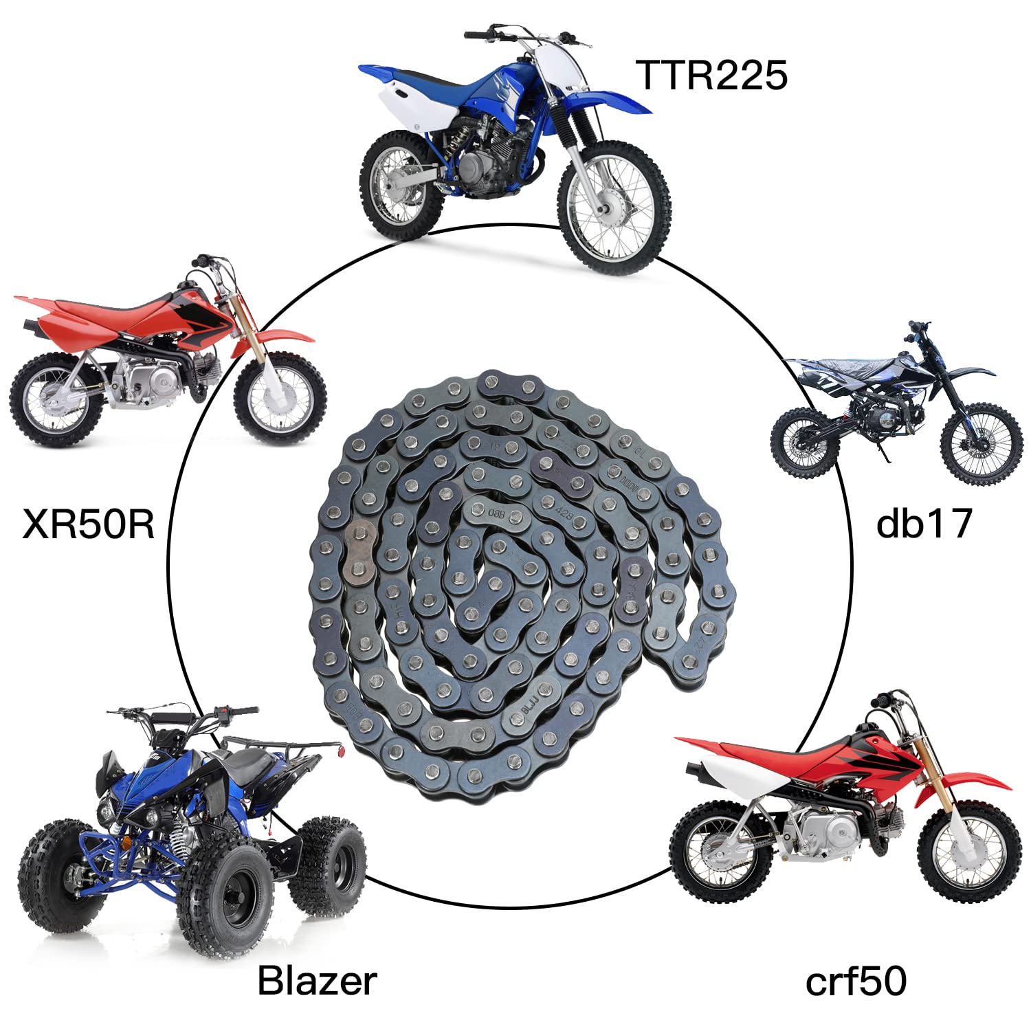 Yoxufa 428 Motorcycle Chain 102 Links For 110Cc 125Cc 150Cc Crf50 Xr50 Coolster Apollo 50Cc 70Cc 90Cc Pit Dirt Bike 4 Wheeler Atv Quad Ttr225 Grom Taotao Db17 Db27 Blazer Sunl Vitacci Go Kart Parts