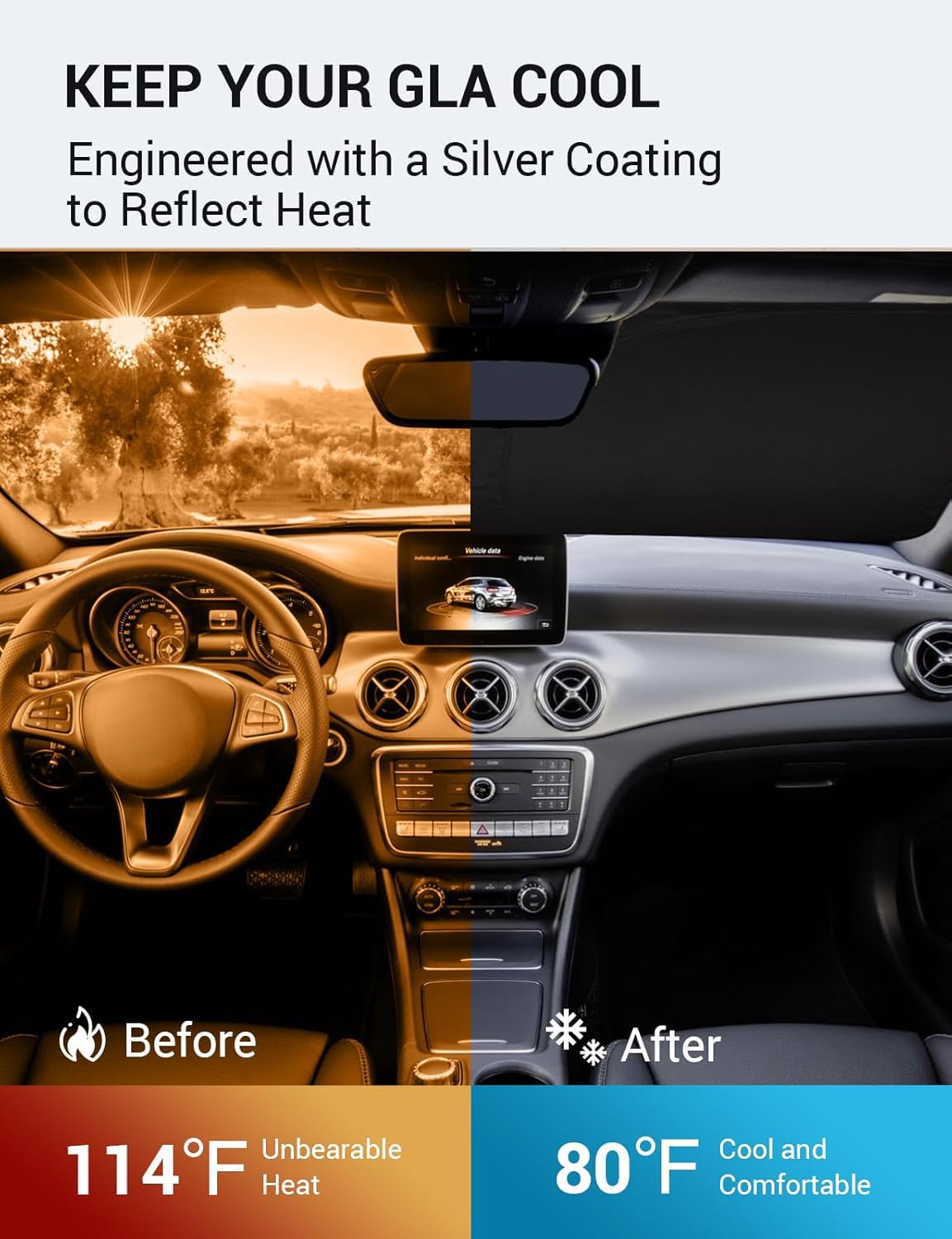 Proadsy 2025 Upgrade Windshield Sun Shade Custom Fit 2015-2020 Mercedes Benz Gla Foldable Front Sunshade Protector Sun Visor Blo