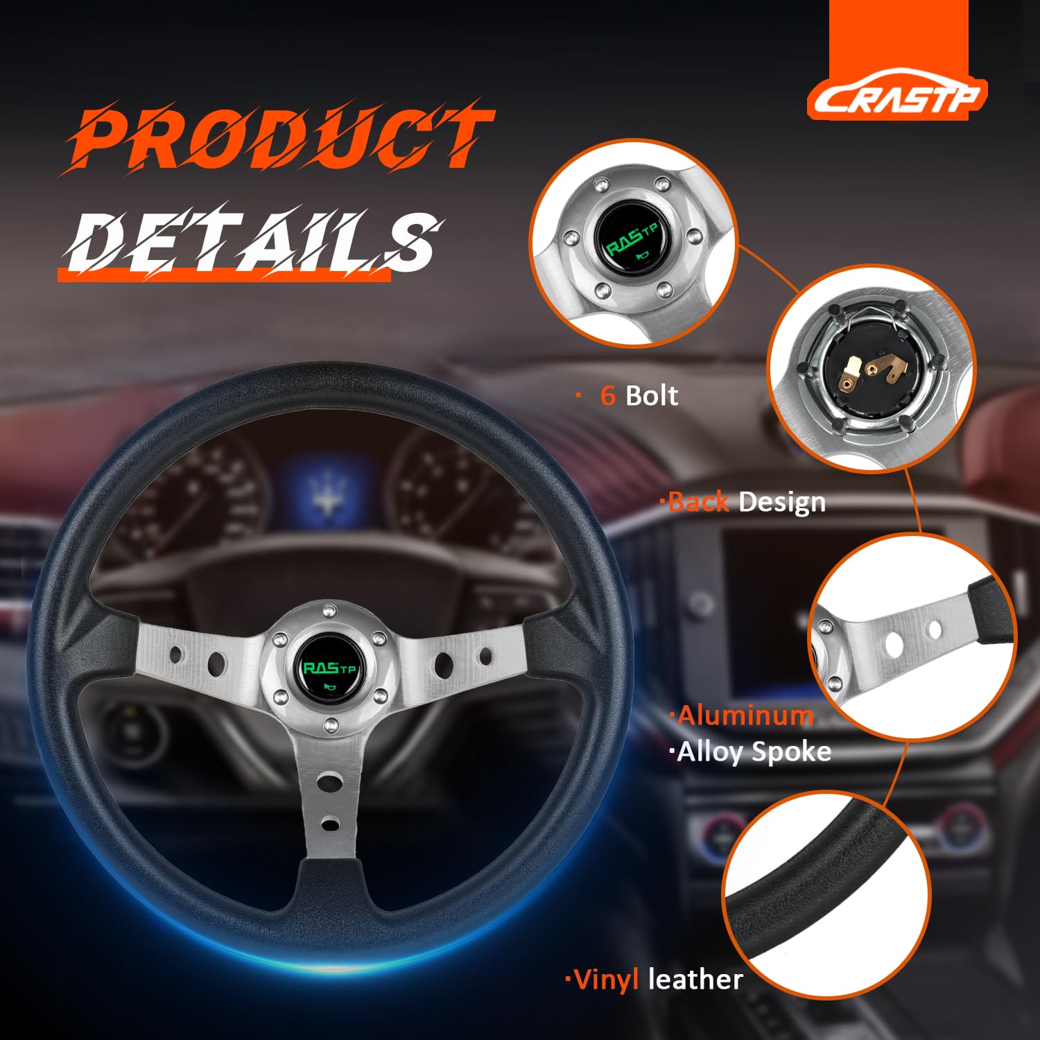Rastp Universal Drifting Deep Dish Racing Steering Wheel 13.8   /350Mm 6 Bolts Grip Pu Foaming Material & Aluminum With Horn But