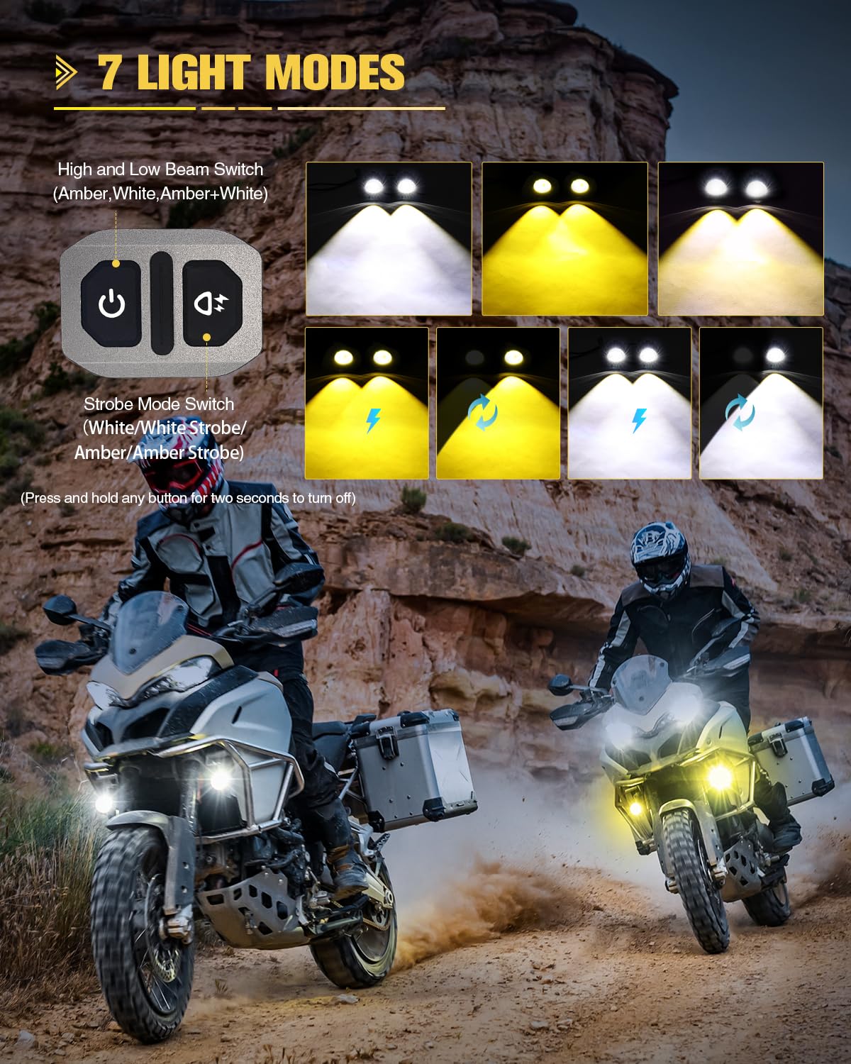 CO LIGHT LED Motorcycle Fog Lights 60W 18000LM, 7 Modes Amber White, Waterproof Wire Harness, Model MF01-ZH-FS, Universal Fit, 2PCS