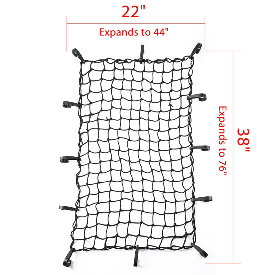 Czc Auto 22''X38'' Black Latex Bungee Cargo Net Strech To 44''X76'' Luggage Netting With 2''X2'' Small Mesh And 12 Adjustable Pl