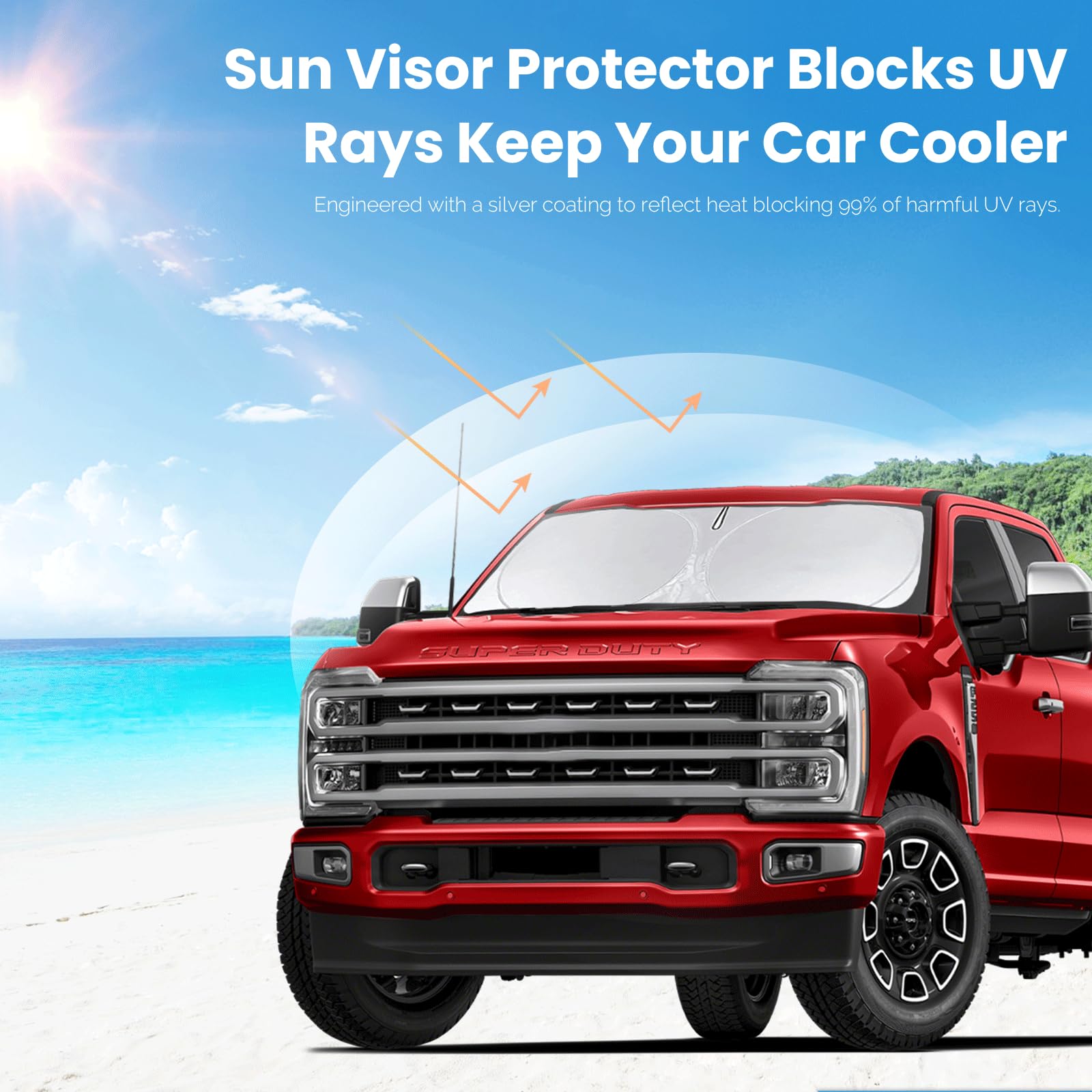BOODANCARS Windshield Sun Shade for Ford F350/F250/F450/F550 2017-2025, Red, 210T Titanium Silver Polyester, UV Protection