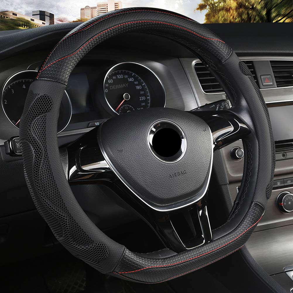 D Cut Steering Wheel Cover - D Shaped Flat Bottom Microfiber Leather Anti-Skid Breathable Fit 14.5'-15' (Black)