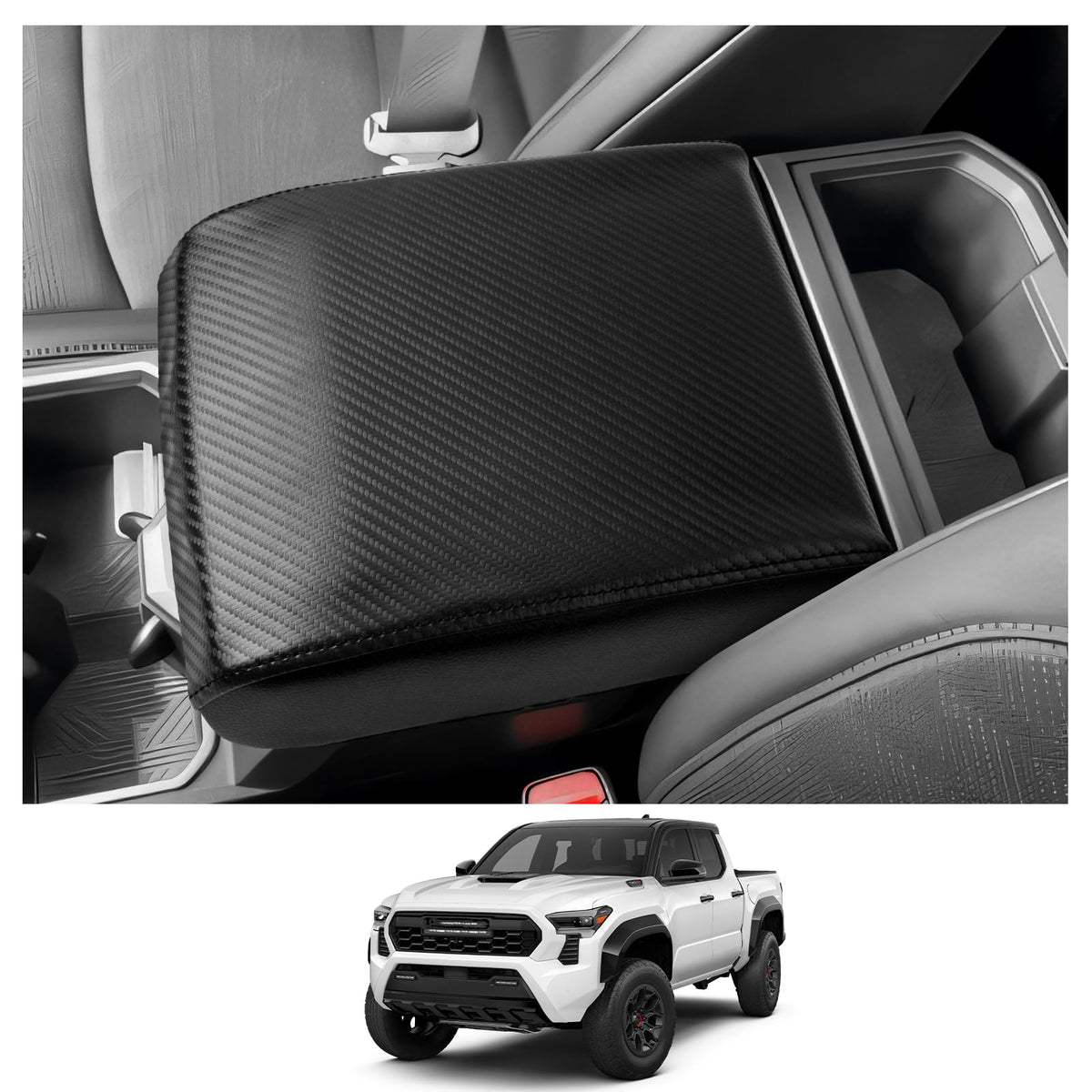 Cdefg 2024 Tacoma Console Armrest Cover For 2024 Toyota Tacoma Center Console Cover Middle Console Pad Arm Rest Central Consola Cover 2024 Tacoma Pickup Truck Accessories (Black Carbon Fiber)
