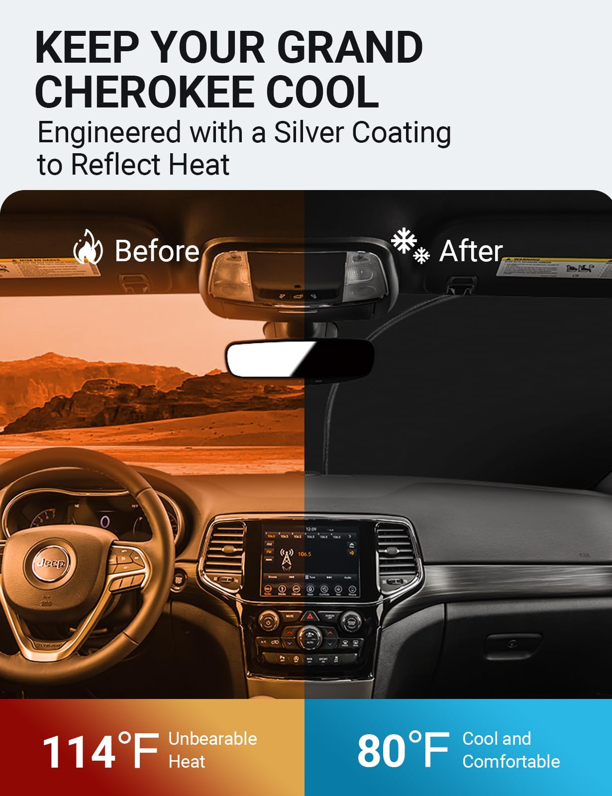 Front Windshield Sun Shade Foldable Sunshade Protector Custom Fit 2014-2023 2024 2025 Jeep Grand Cherokee Suv, Laredo Limited Trailhawk Overland Altitude Summit Accessories 2025 Upgrade