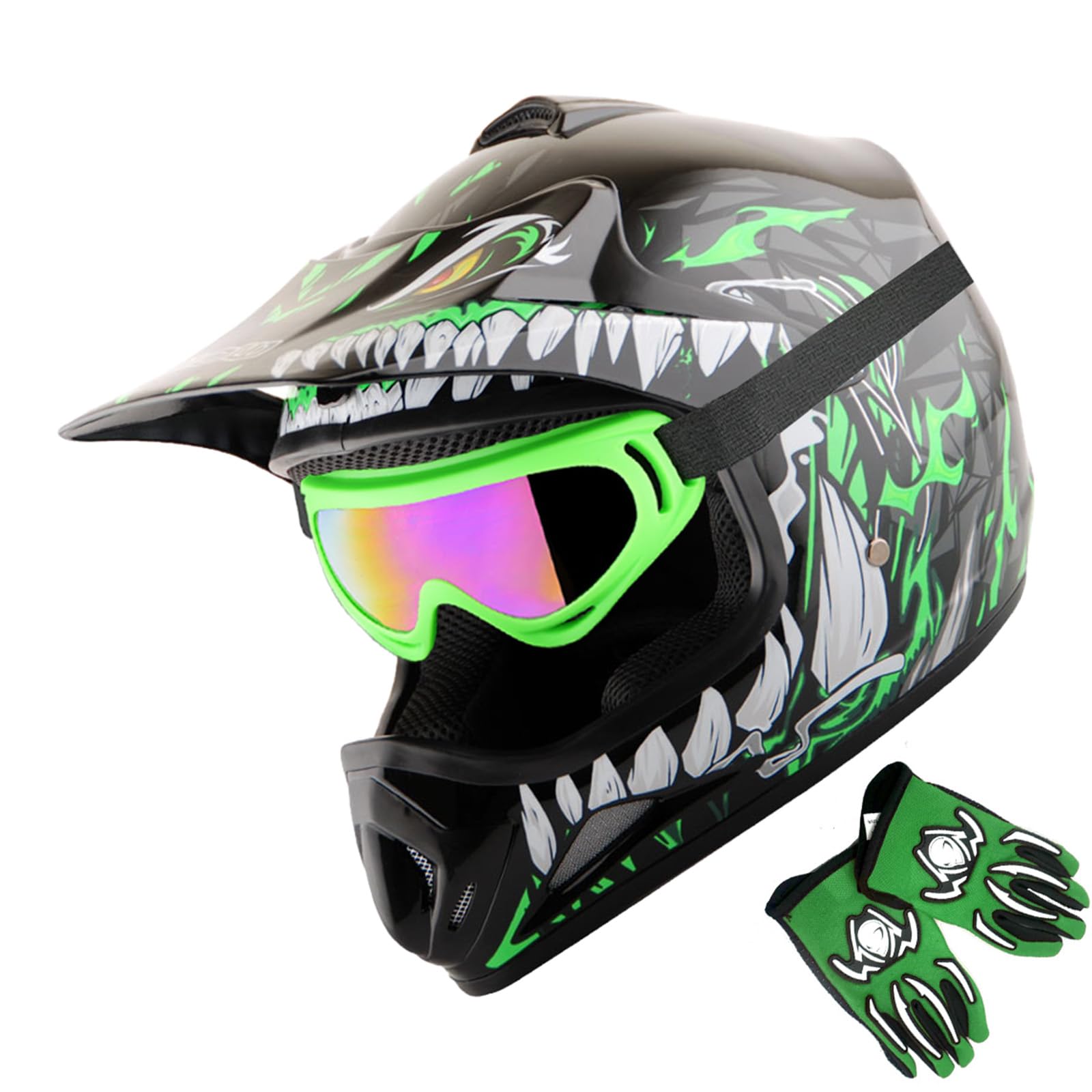 Wow Youth Kids Motocross Bmx Mx Atv Dirt Bike Helmet Dragon Green + Goggles + Mg Youth Green Glove Bundle