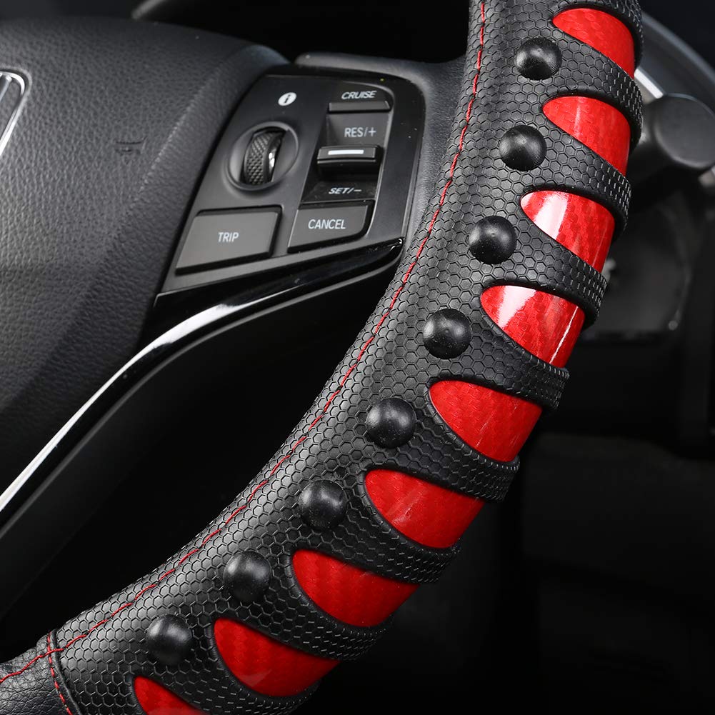 West Llama Microfiber Leather Car Steering Wheel Cover For Men Women,Universal Fit 15.5-16 Inchs(Leather Nails-Red+Black-Large S