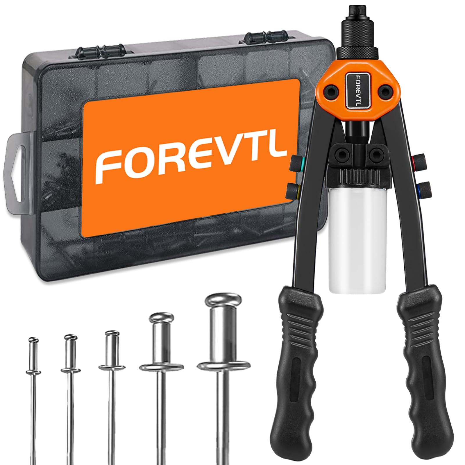 Forevtl Rivet Gun - 1/4 Pop Rivet Gun Kit With 210 Pop Rivets (3/32 '', 1/8 '', 5/32 '', 3/16 '', 1/4 ' ') Full Metal 13 '' Larg