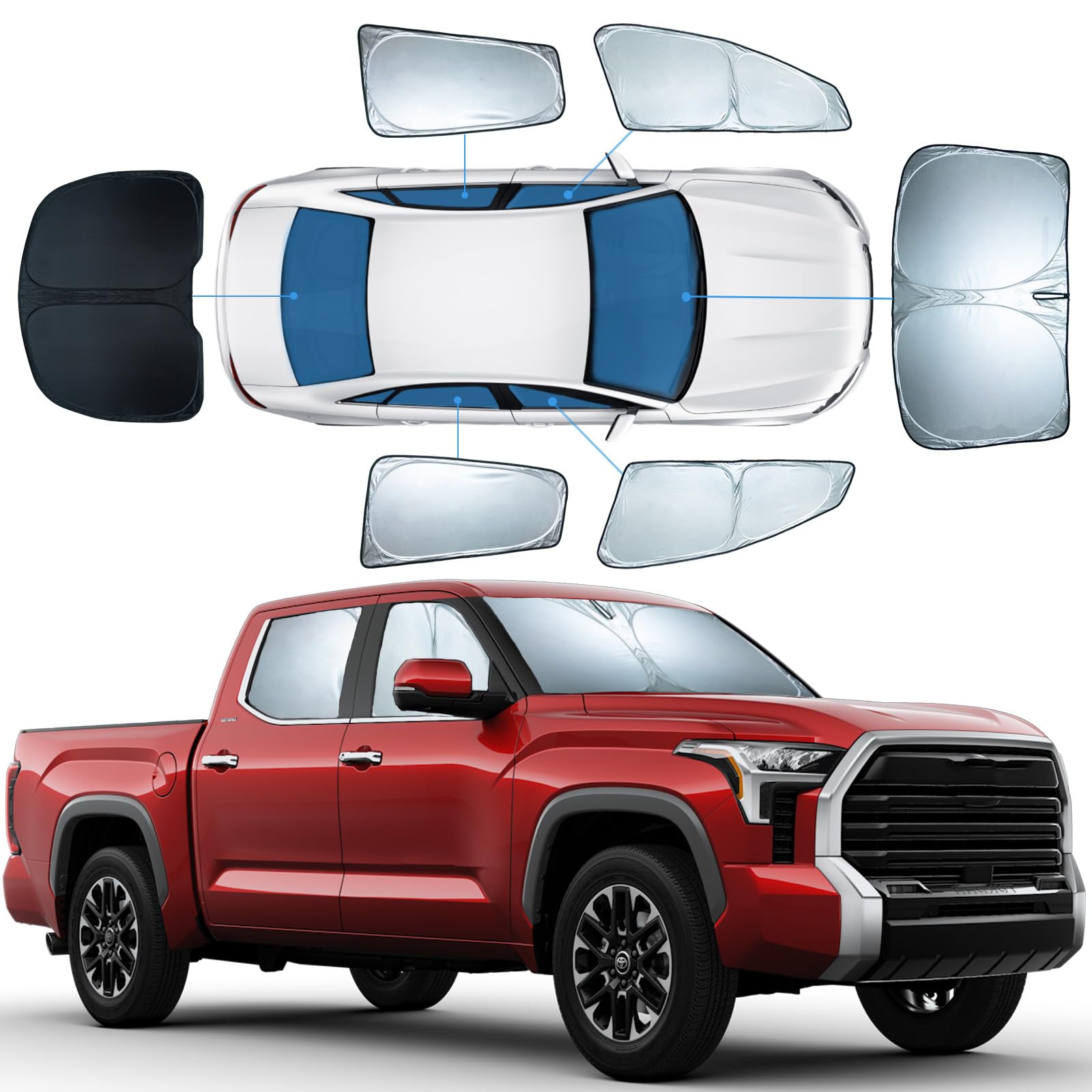 6 PCS Sun Shades for Toyota Tundra Windshield Sunshade, 2-Layer Full Window Shades for Tundra 2022-2025 Front Rear Side Window C