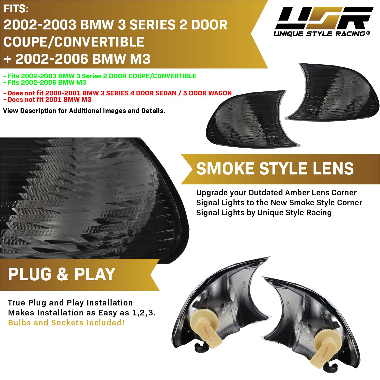 DEPO E46 2D Cornering Lights - Euro Smoke Screw-On Corner Turn Signal Lamps (Left + Right) Compatible with 2002-2003 BMW E46 3 S