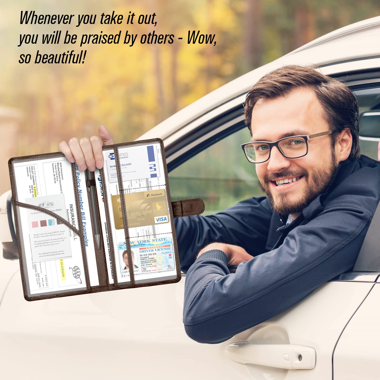 Foryou Car Registration And Insurance Holder With Magnetic Closure, Auto Truck Document Vehicle Glove Box Paperwork Organizer Wallet For Accessories Case, License, Card (Black Brown)