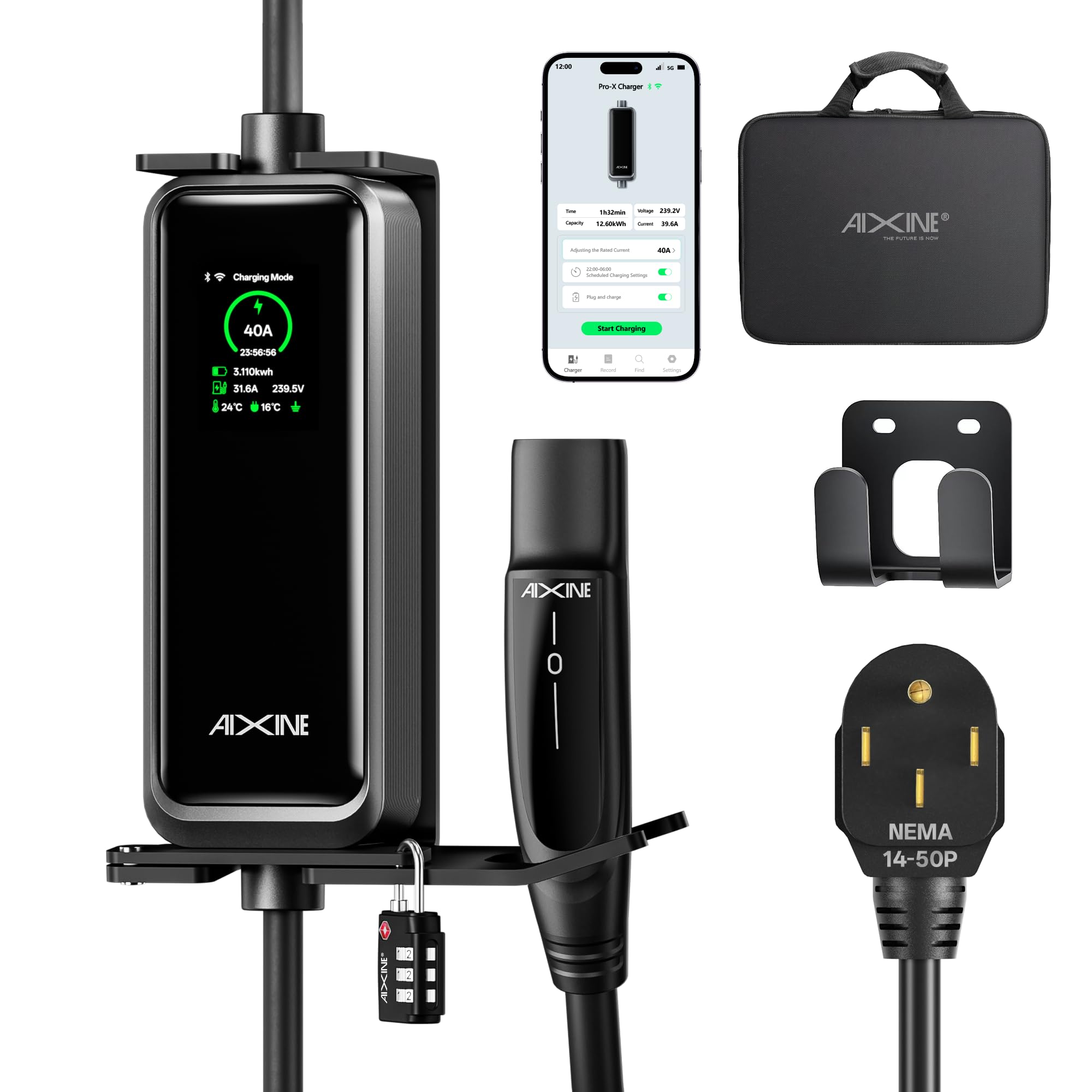 AIXINE Level 2 EV Charger,Tesla EV Charger NACS 40A with 25FT Extension Cord Cable,Enhanced WiFi Smart App,240V NEMA 14-50 Plug 