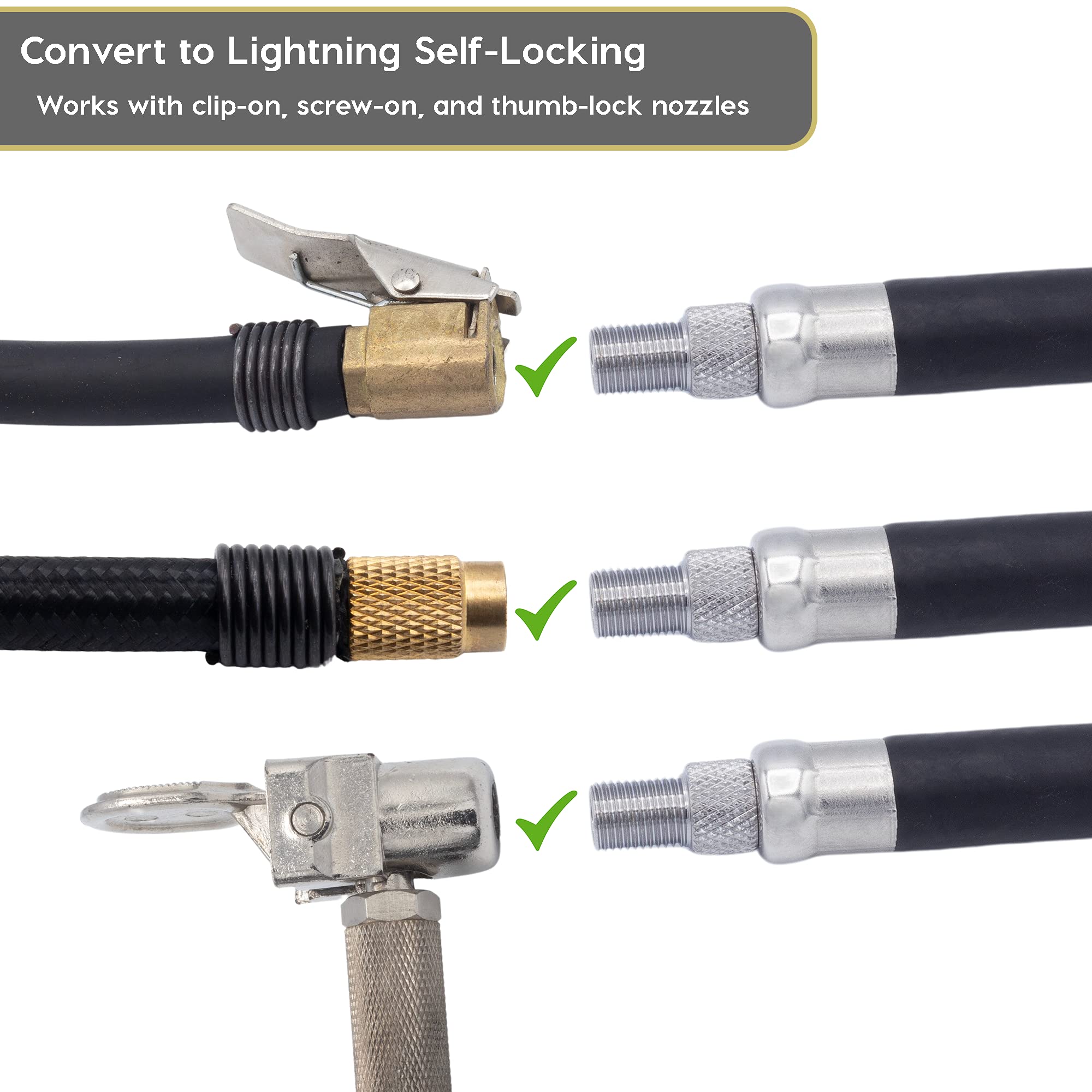 Jaco Lightning S2X Tire Inflator Hose Extension Self Locking Nozzle | Patented Lock-On Air Hose Adapter For Tire Pumps (Open Flow)