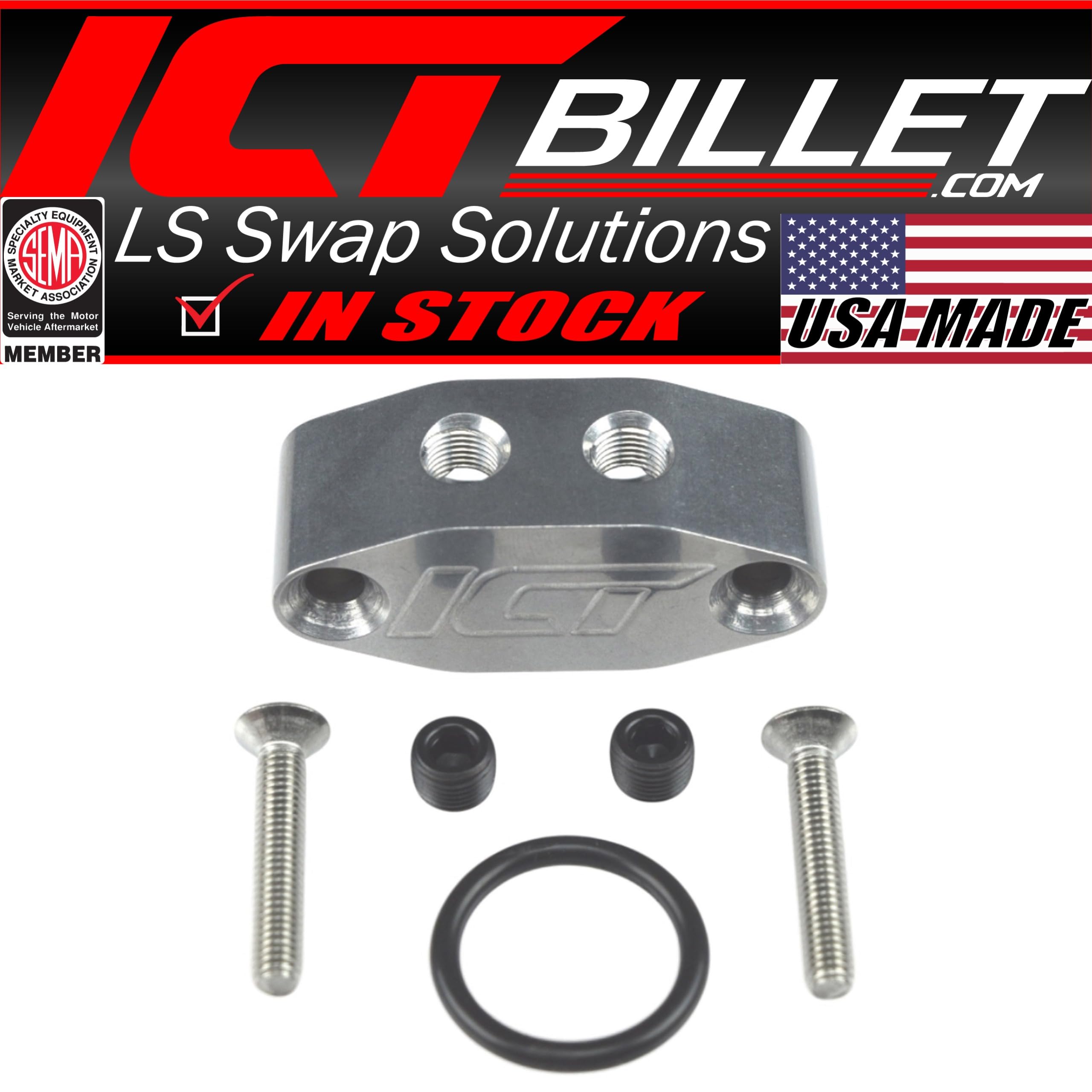 ICT Billet LS Twin Turbo Dual 90 Degree 1/8&quot; NPT Oil Feed LINE Adapter Plate LS1 LSX kit Port LS3 Right Angle Billet Plate Supply Pressure Sensor Cover 551533