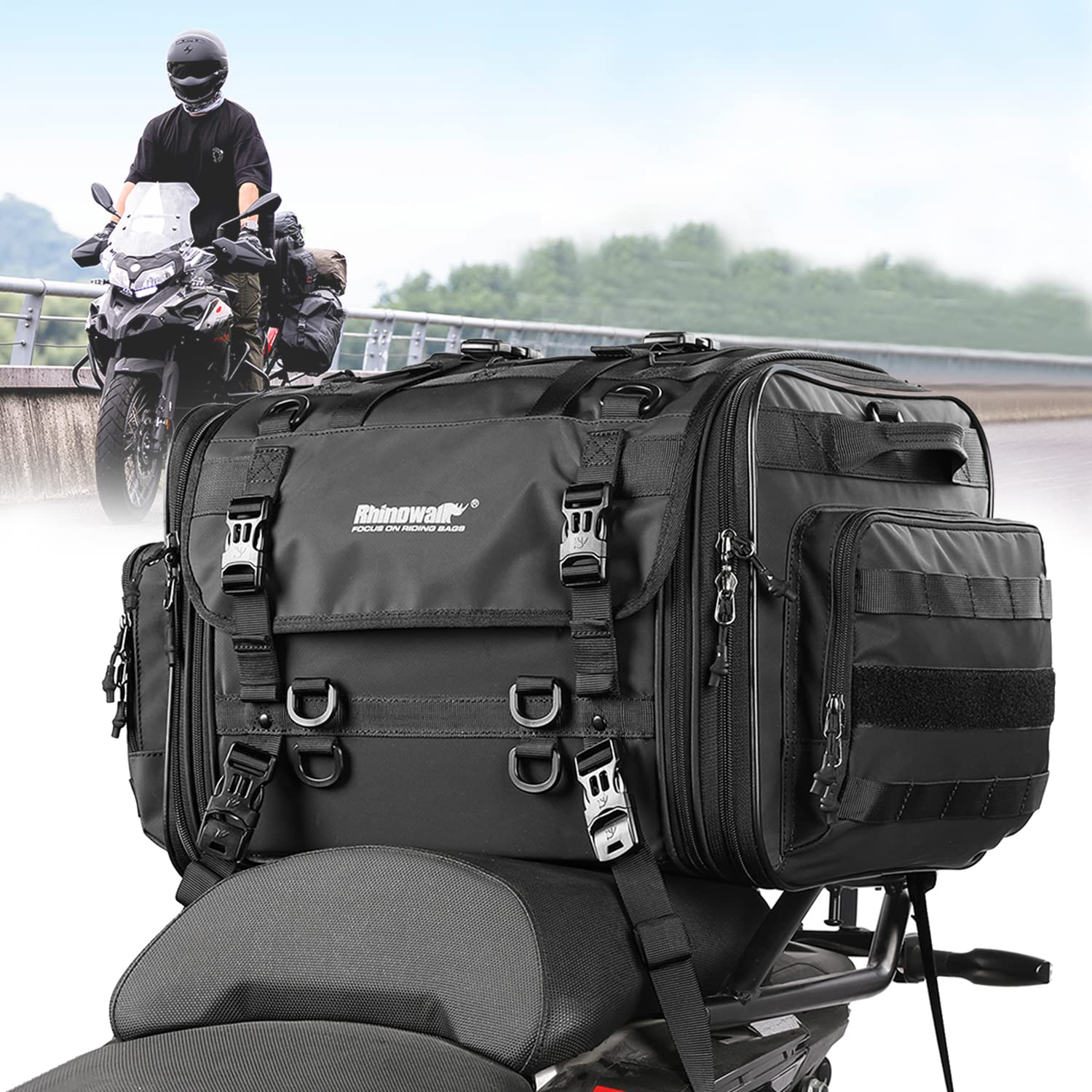 Rhinowalk Motorcycle Travel Luggage, Expandable Motorcycle Tail Bag 60L,Waterproof All Weather/Trunk/Rack Bag With Sissy Bar Straps-Black