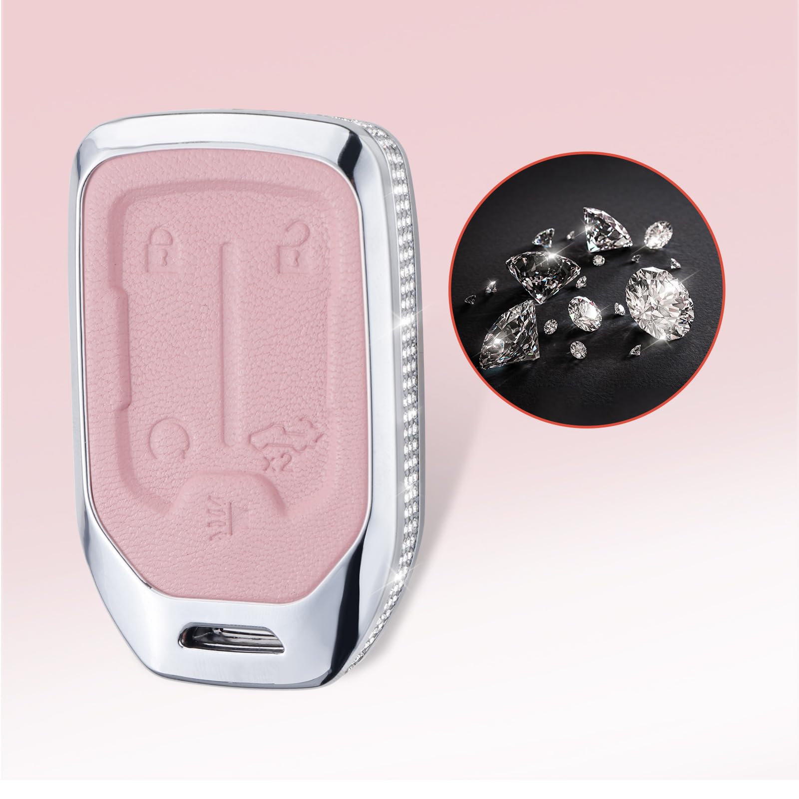 Ruabiban For Gmc Key Fob Cover With Keychain, Pink Leather Crystal Key Case Protection Shell Compatible With Chevrolet Chevy Gmc