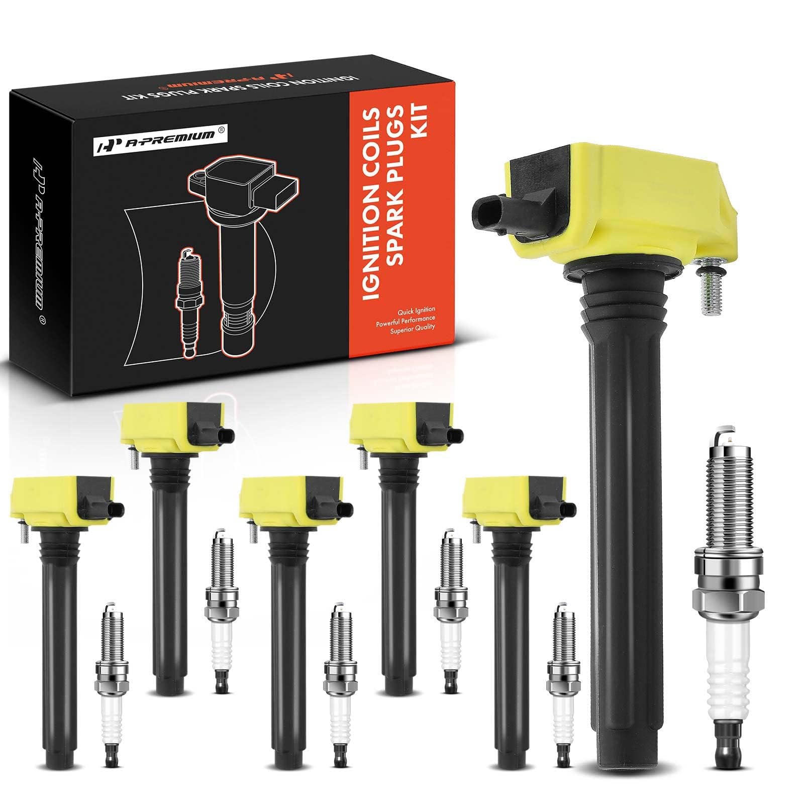 A-Premium Set Of 6 (Yellow) Ignition Coil Pack And Iridium Spark Plugs Compatible With Jeep Grand Cherokee 2011-2015, Wrangler 2