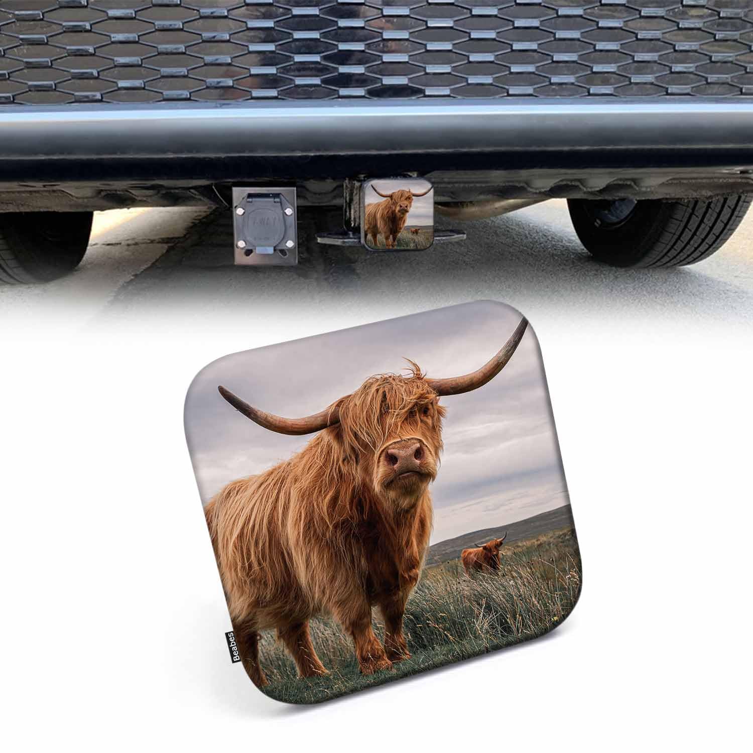 Beabes Highland Cow Trailer Hitch Plug Cover Farm Highland Cow Cattle Hairy On Grass Rubber Receiver Hitch Cover Protects Hitch 