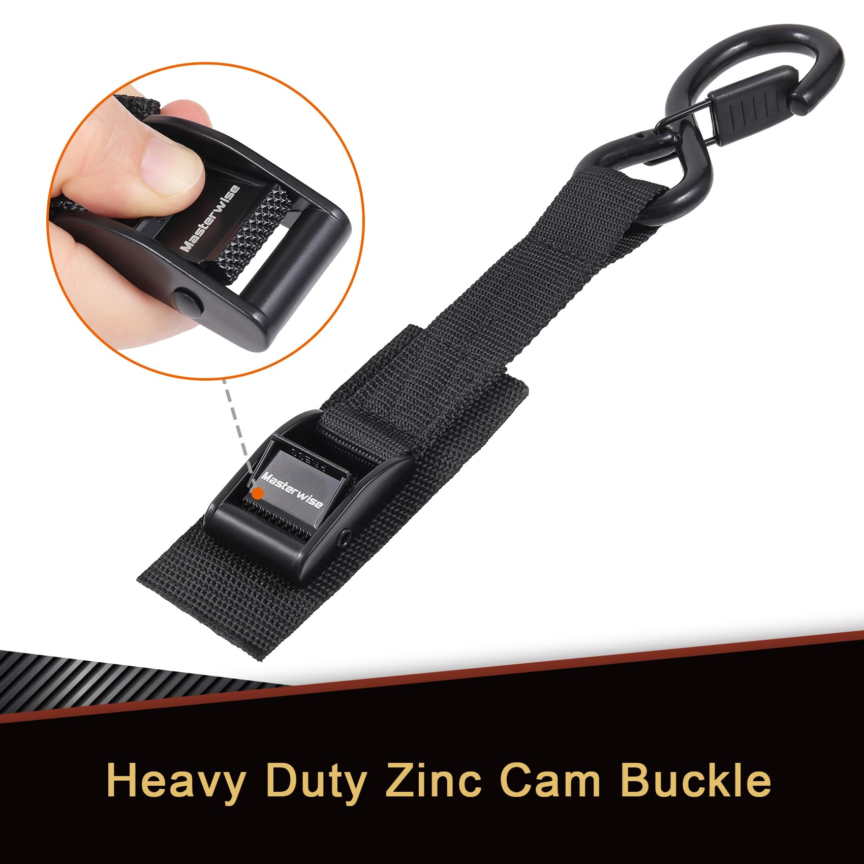 Masterwise Tie Down Straps with Hooks, 12 feet 2200lbs Break Strength Cam Buckle Tiedown Set with Integrated Soft Loops for Moto