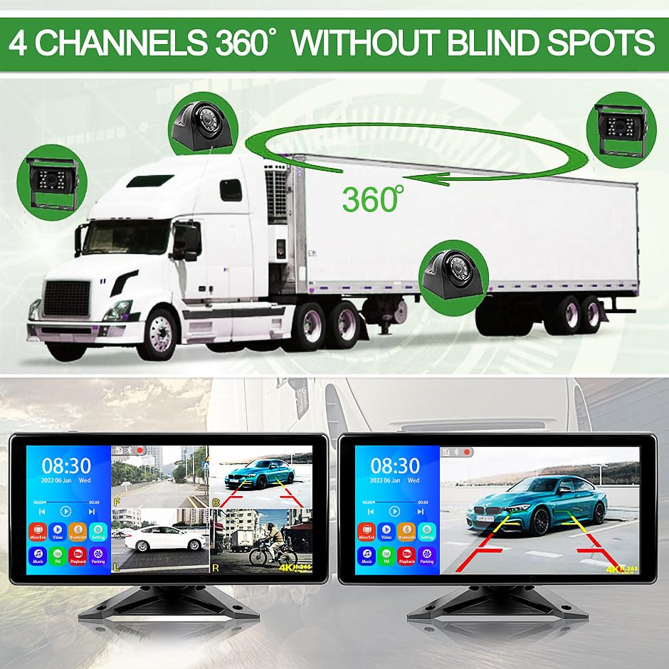 EVERSECU Car Backup Camera System with 4K 10.36" Touch Screen Monitor & 4x 1080P AHD Cameras for RV/Truck/Bus/Trailer/Camper