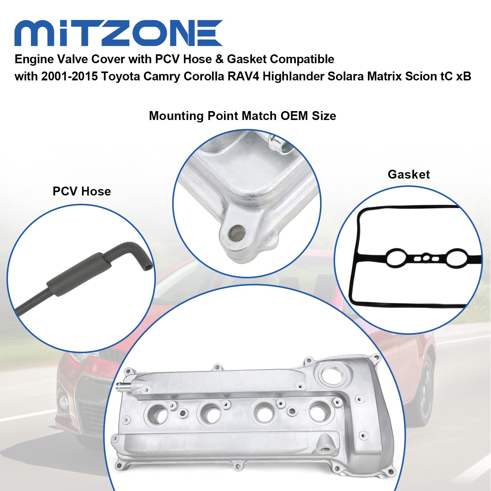 MITZONE Engine Valve Cover with PCV Hose & Gasket Compatible with 2001-2015 Toyota Camry Corolla RAV4 Highlander Solara Matrix S