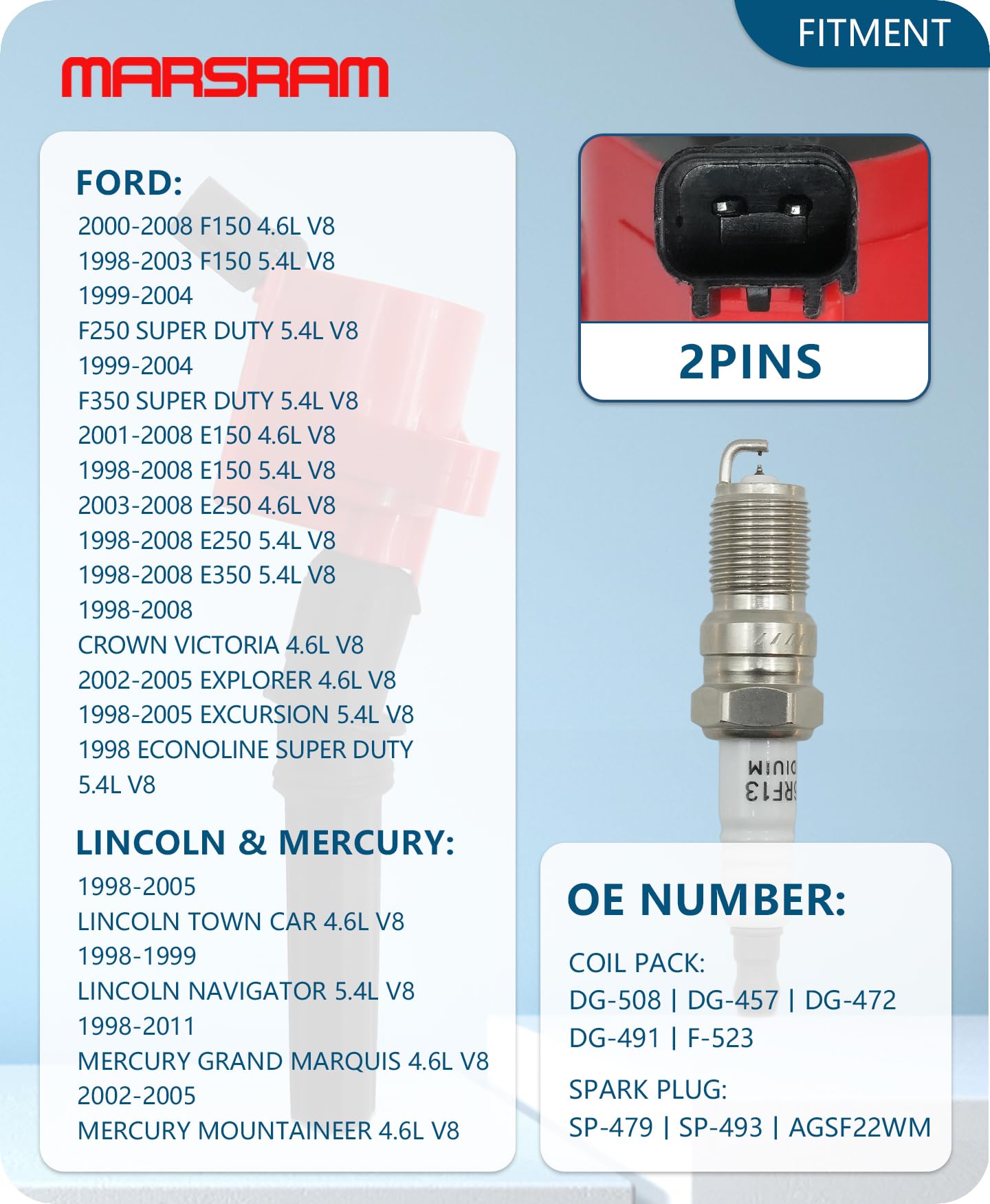 Marsram Ignition Coil Pack Dg508 & Spark Plugs Sp479 Double Iridium For 2000 2001 2002 2003 2004 2005 2006 2007 2008 Ford F150 F