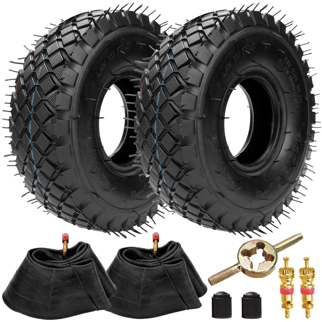 Fvrito Set Of Two 4.10/3.50-4 4.10-4 410-4 Tire And Inner Tube With Bent Valve Stem Replacement For Lawn Mower Hand Truck Wheelb