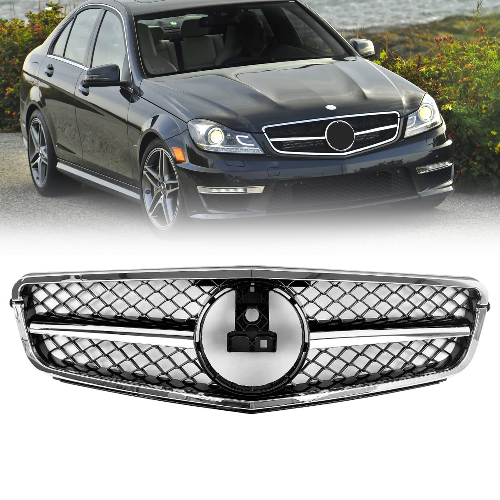 DIBON AUTO W204 Grill Front Grille Compatible with 2008 2009 2010 2011 2012 2013 2014 Mercedes Benz W204 C Class C250 C300 C350 