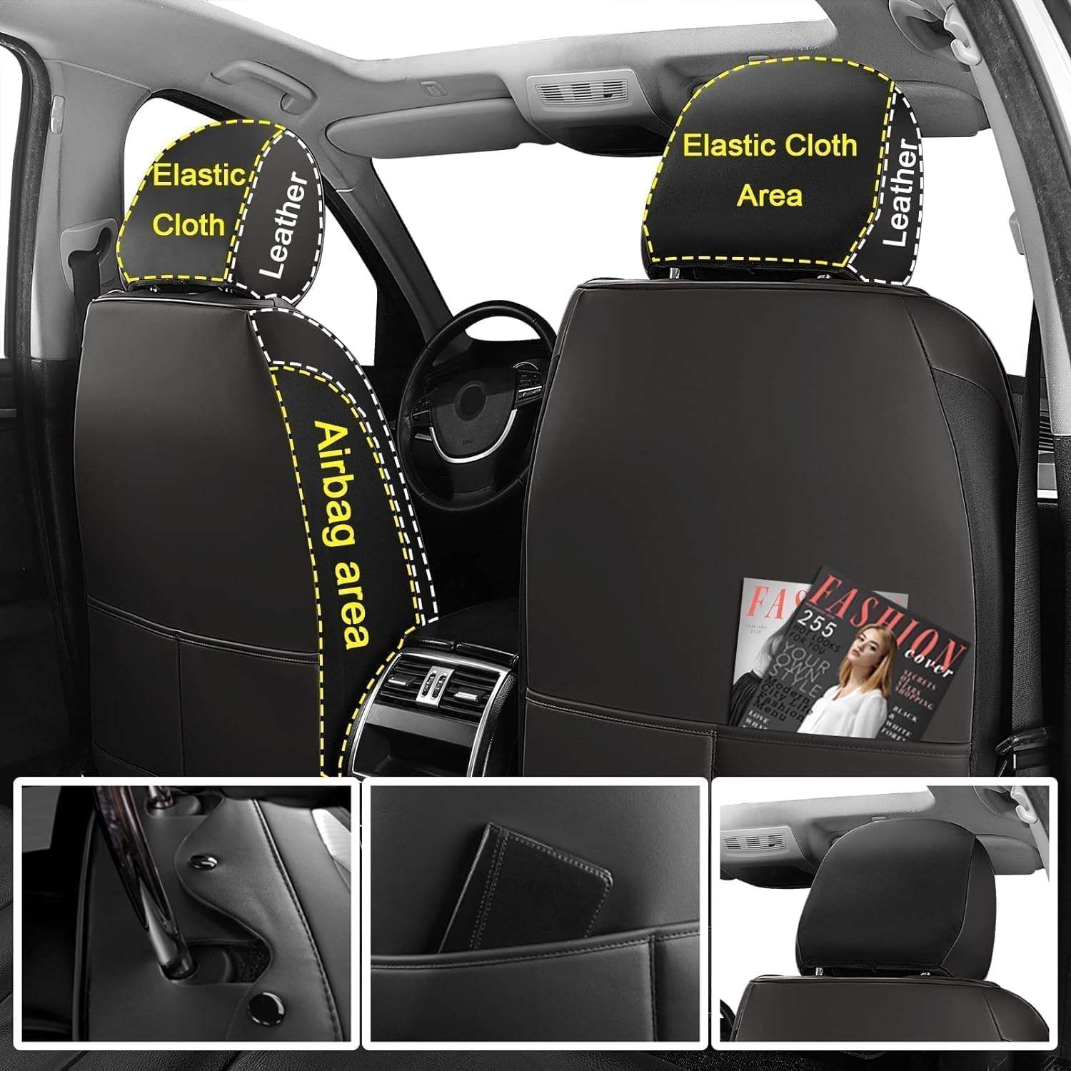 Ttmiku Leather Car Seat Covers, Waterproof And Breathable Automotive Seat Covers, Luxury Car Seat Covers For Most Cars Suv Truck Sedan, Universal Anti-Slip Seat Cover (Full Set, Milk White+Black)