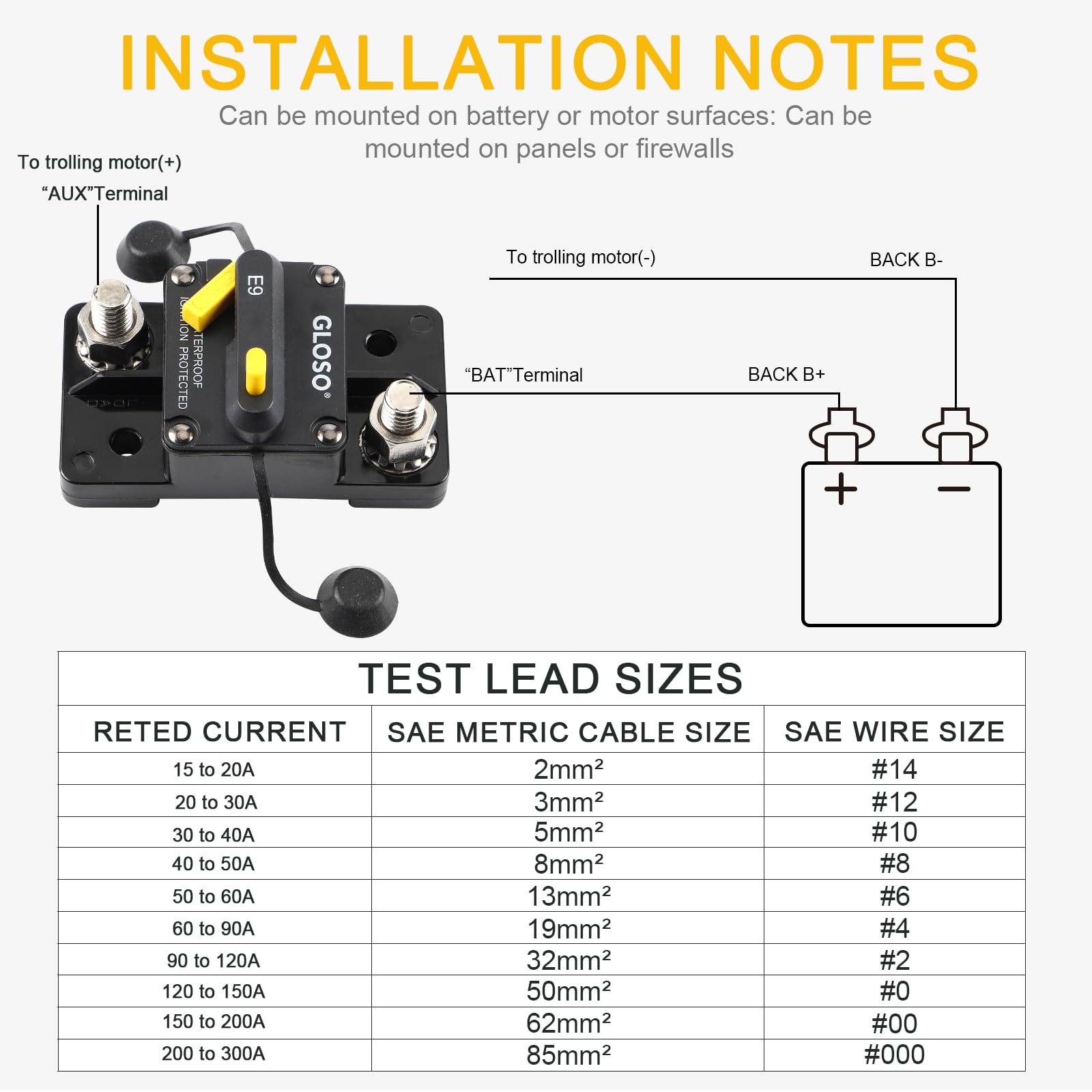 Gloso Circuit Breaker E93 200A Breaker Extended Surface Mount 3/8 Diagonal Stud Waterproof Ip67 Marine Rv Truck Hi-Amp (200A)