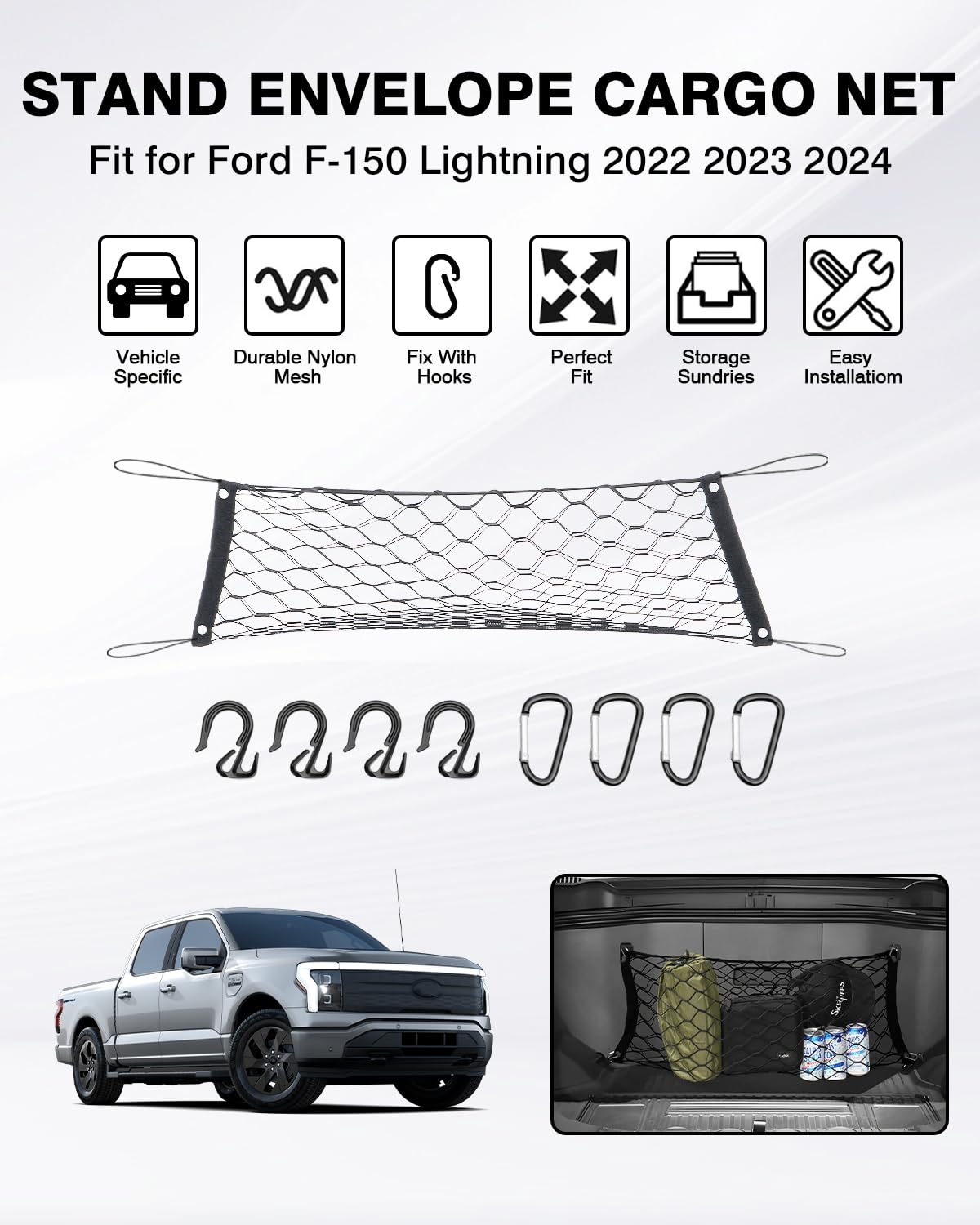 Karltys F150 Lightning Cargo Net For 2022-2025 Ford F-150 Lightning Frunk Cargo Net, Stand Envelope Style Frunk Net For F-150 Li