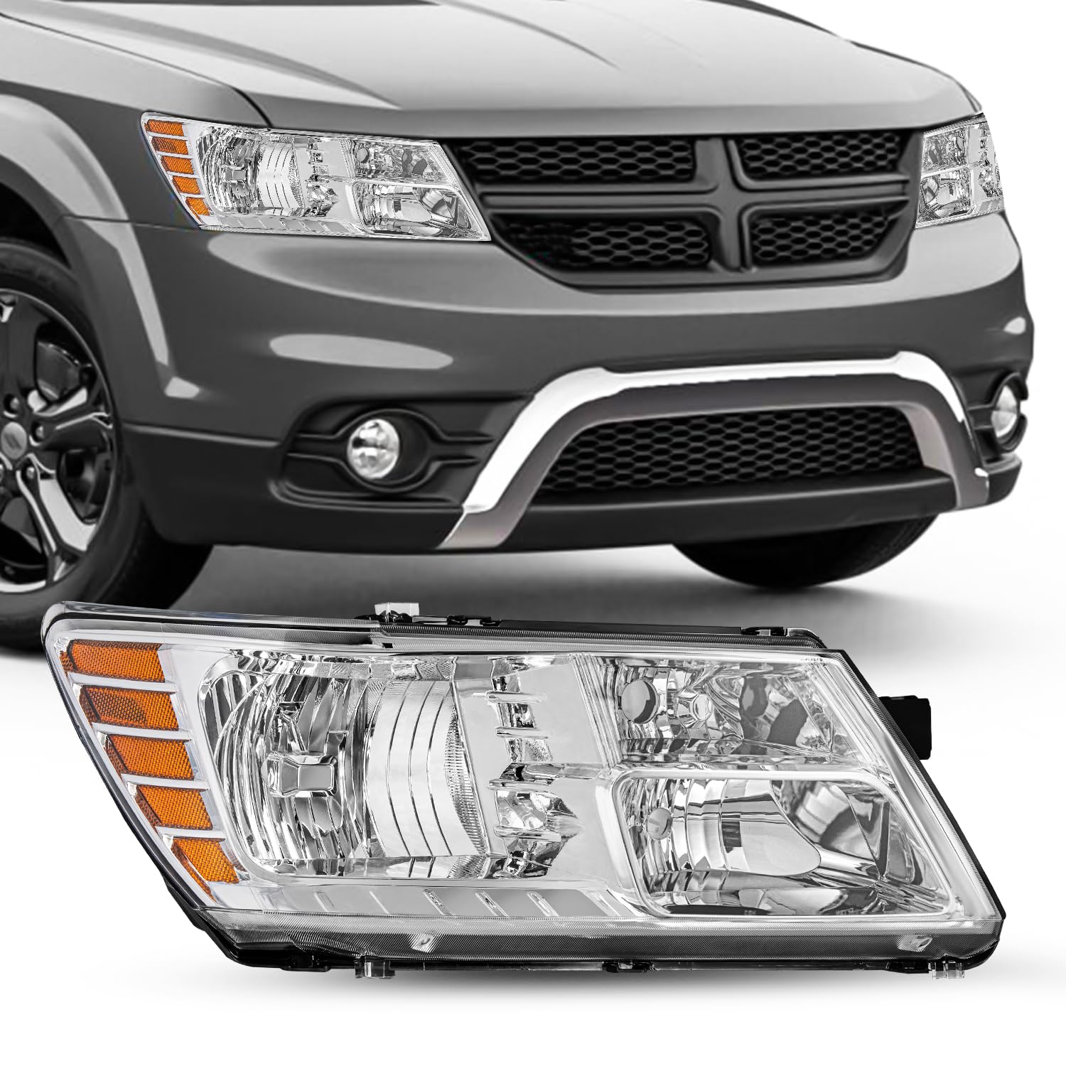 Sockir Headlight Assembly Fit For 2009-2020 Dodge Journey Headlamp Replacement Chrome Housing With Amber Reflector Right Passenger Side